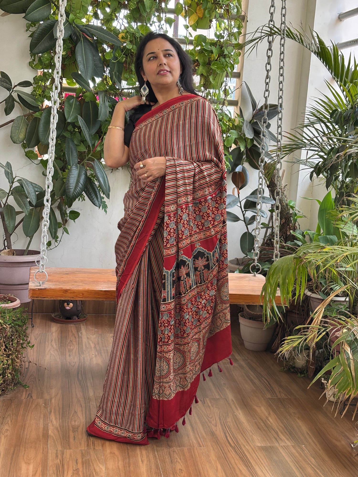 Ajrakh saree, ajrakh modal saree, front view.