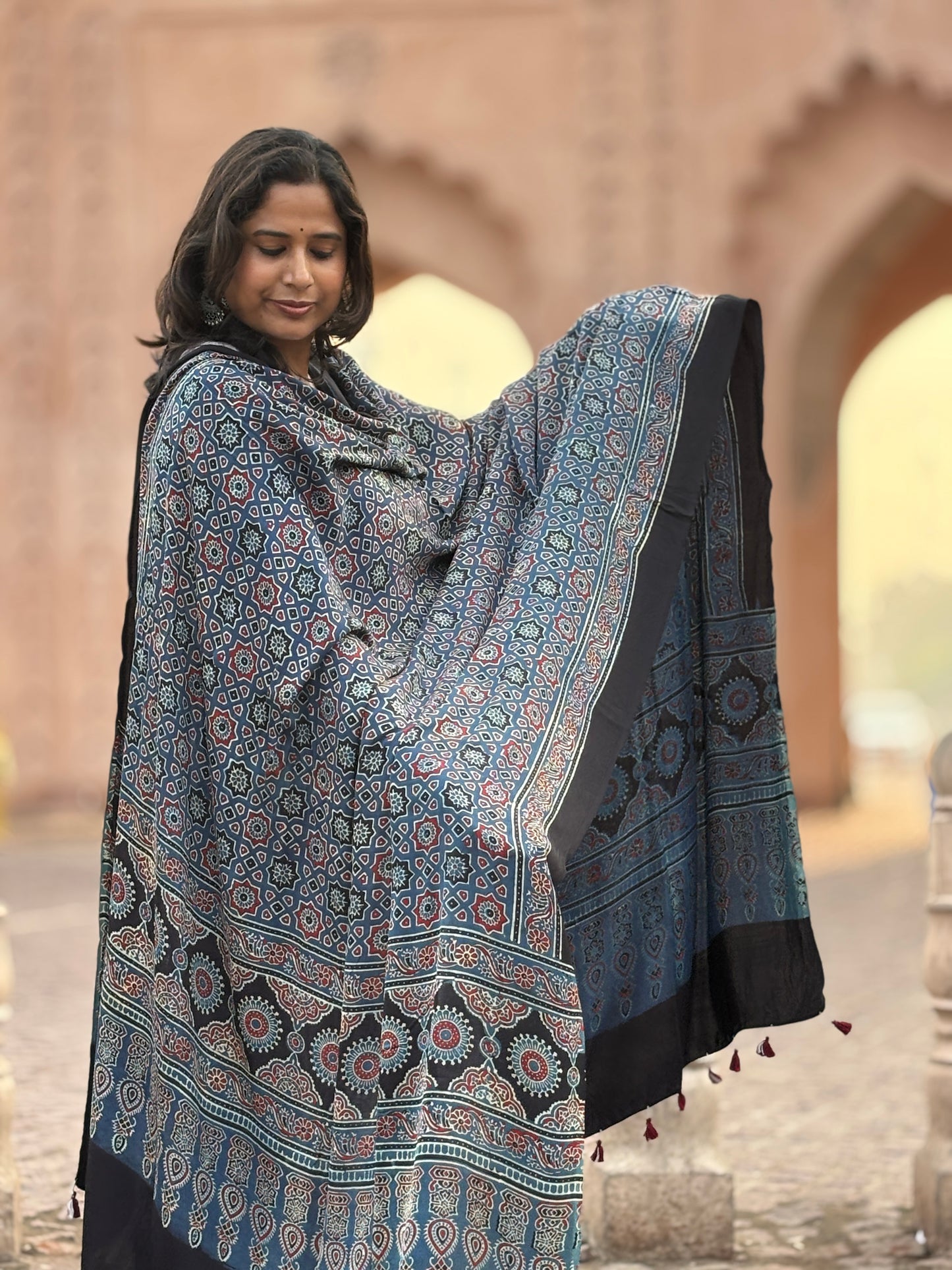 Indigo Colour Small Geomertical Motif Pure Modal Dupatta,ajrakh modal dupatta,closer view.