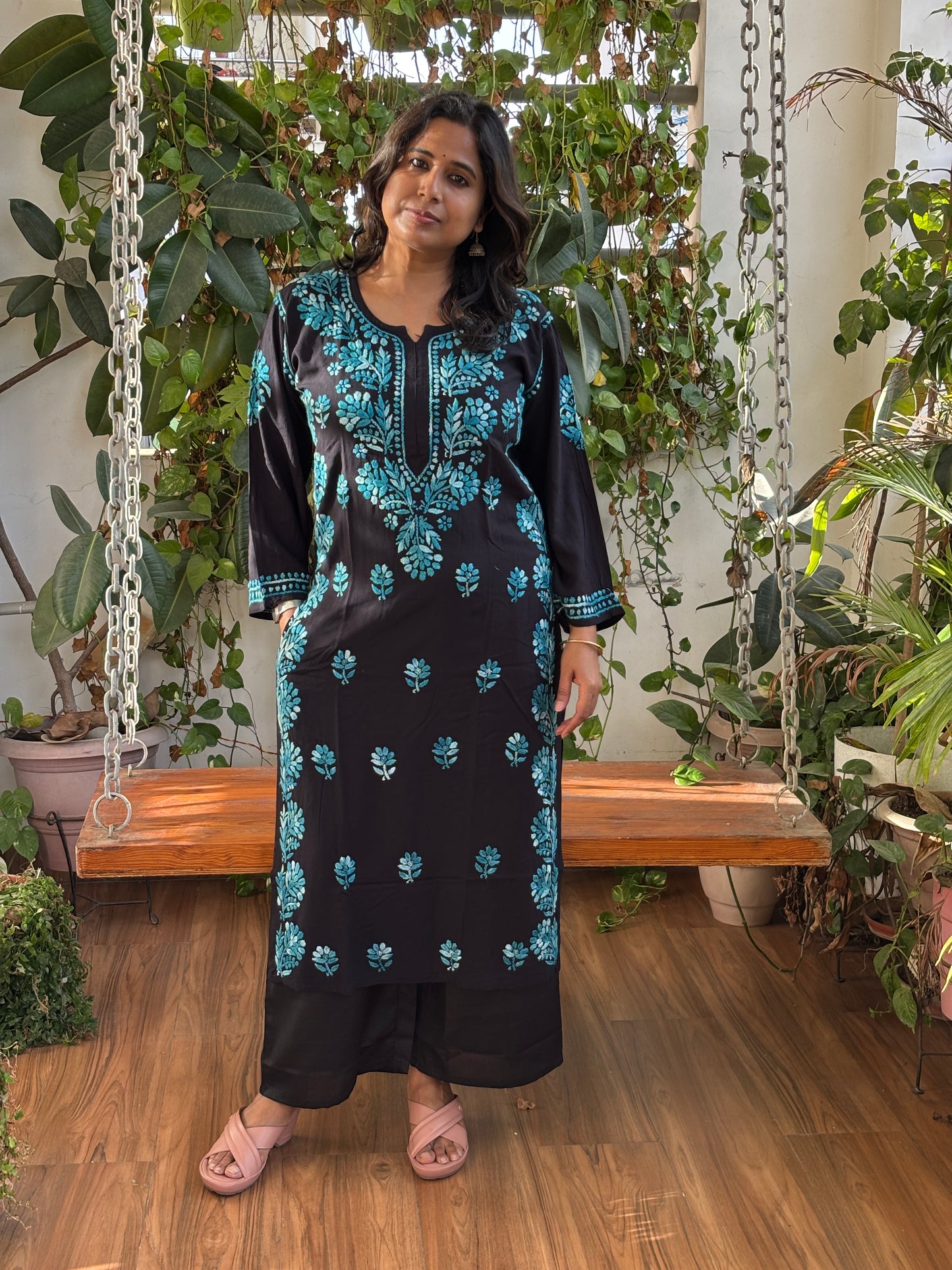 Black and Blue Chikan Hand Embroidered Rayon Cotton Kurti