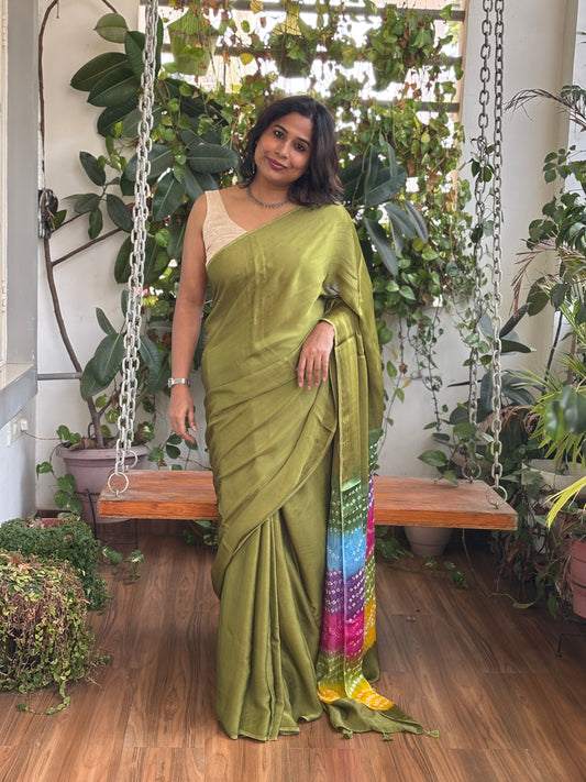 Green Solid Colour  Semi Modal Saree with Multi Colour Bandhej Palla
