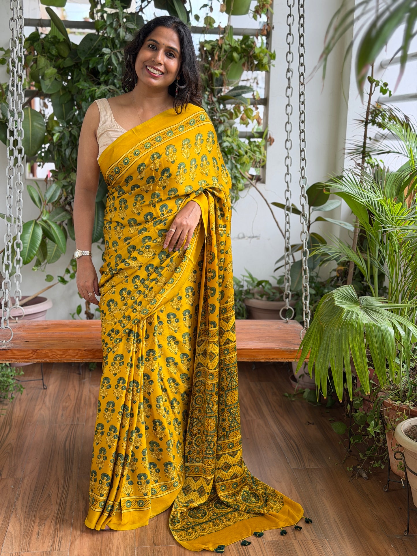 Ajrakh Modal Yellow Small Buta Saree