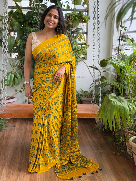 Ajrakh Modal Yellow Small Buta Saree