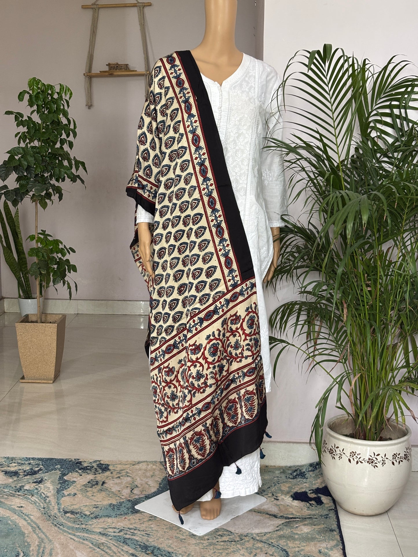 Ivory Ajrakh Modal Stole,morpankh motif,front view.