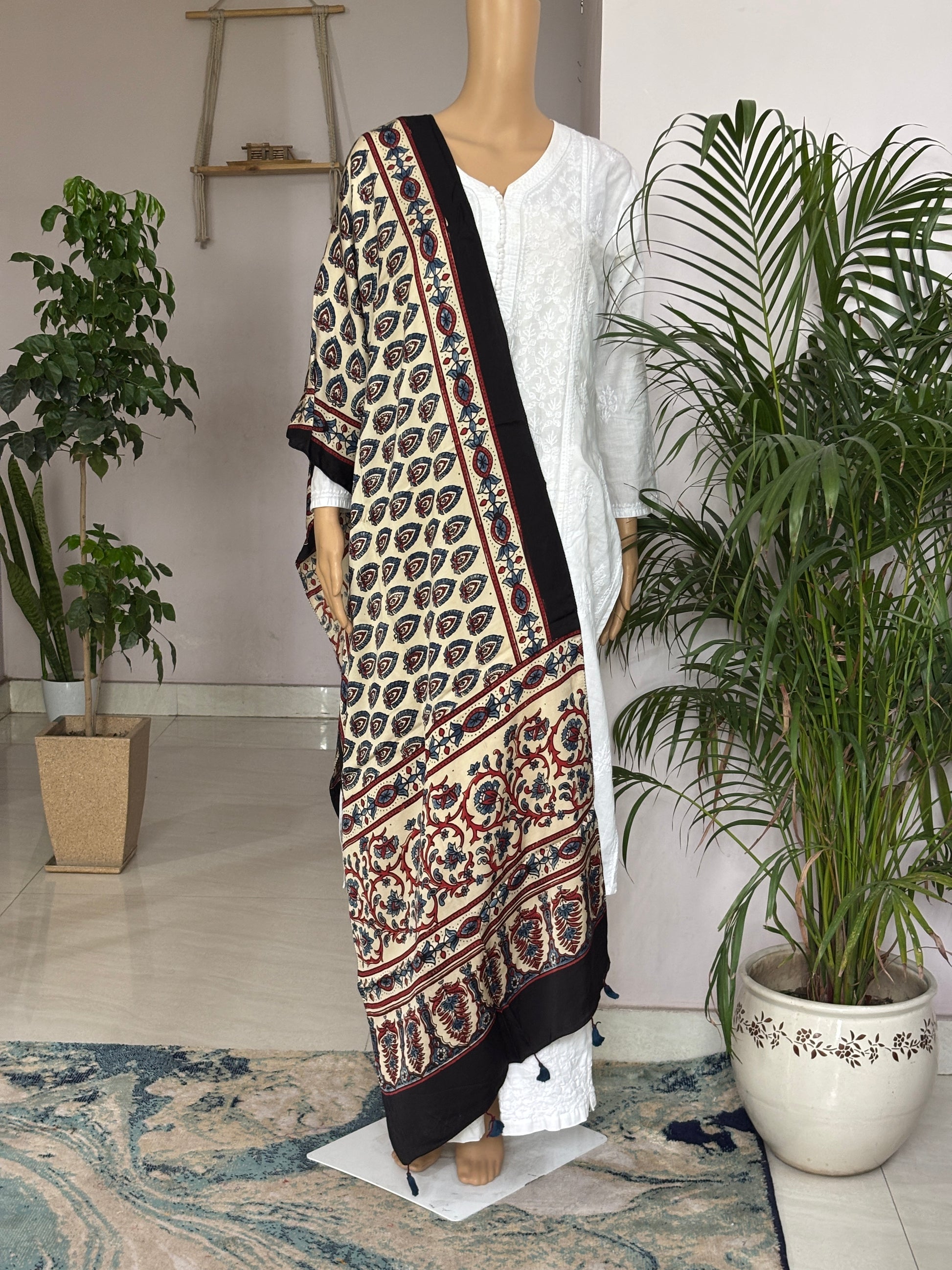 Ivory Ajrakh Modal Stole,morpankh motif,front view.