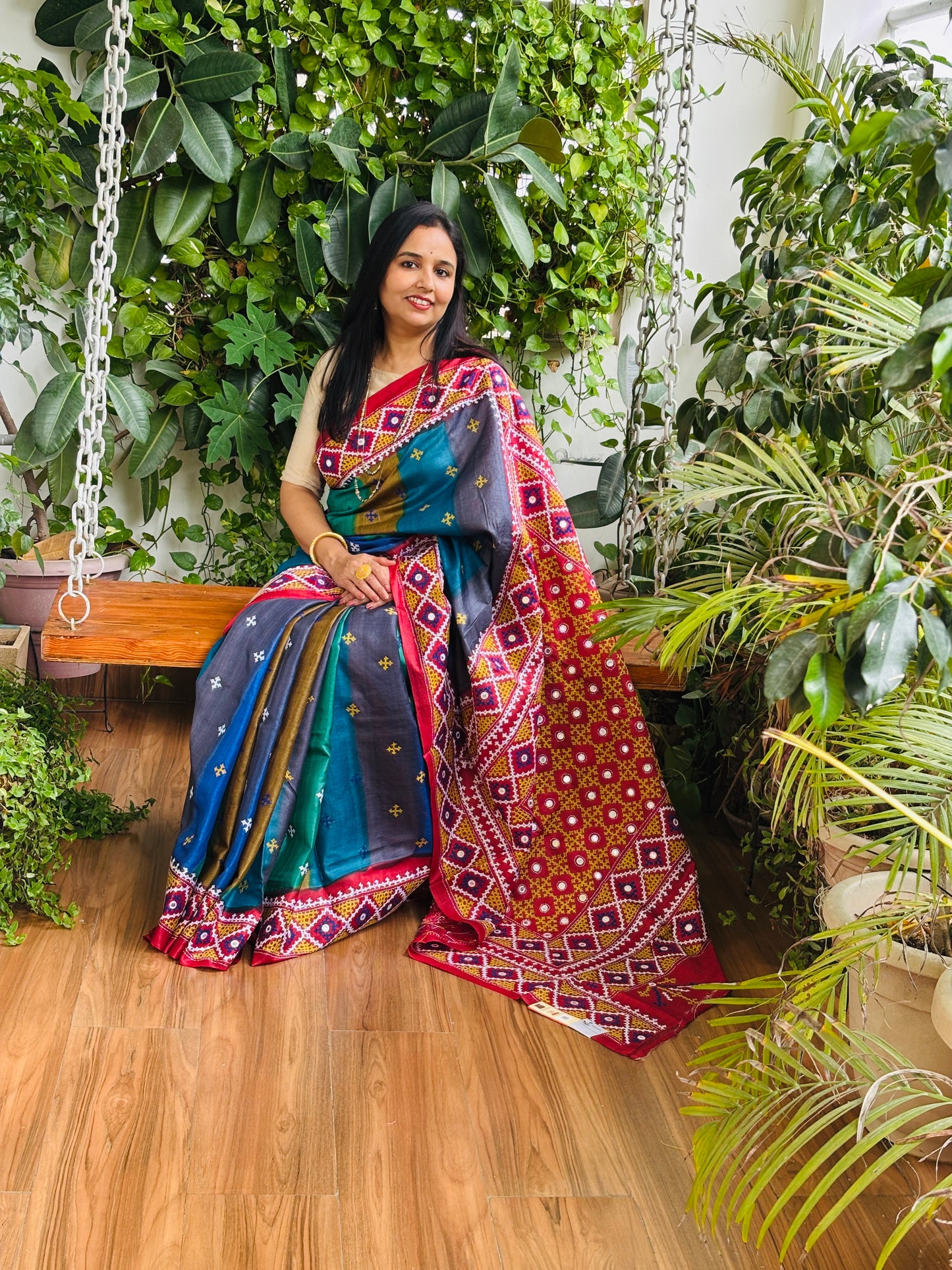 Gujrati Hand Embroidered Pure Tussar Silk Saree in Multi Colour Body and Rust Red Palla