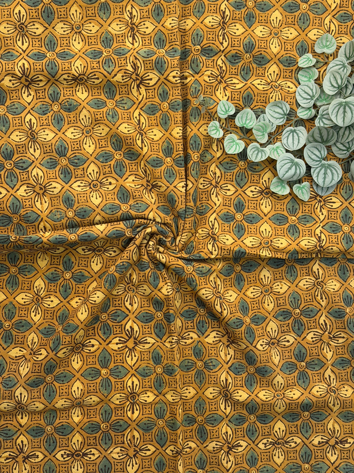 Yellow Colour Natural Dyed Ajrakh Hand Block Printed Cotton Fabric
