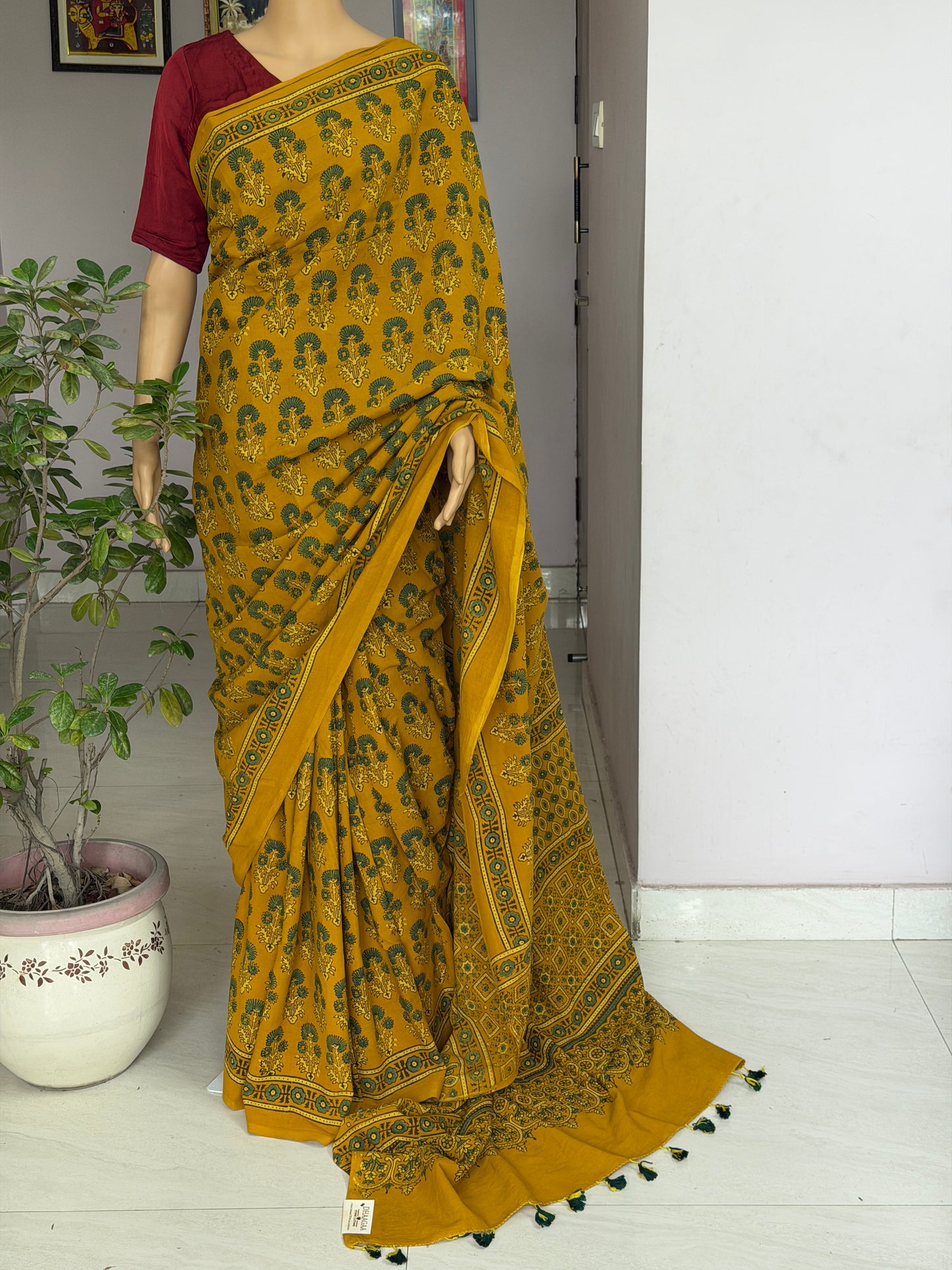 Cotton Ajrakh Hand Block Printed Contemporary Saree