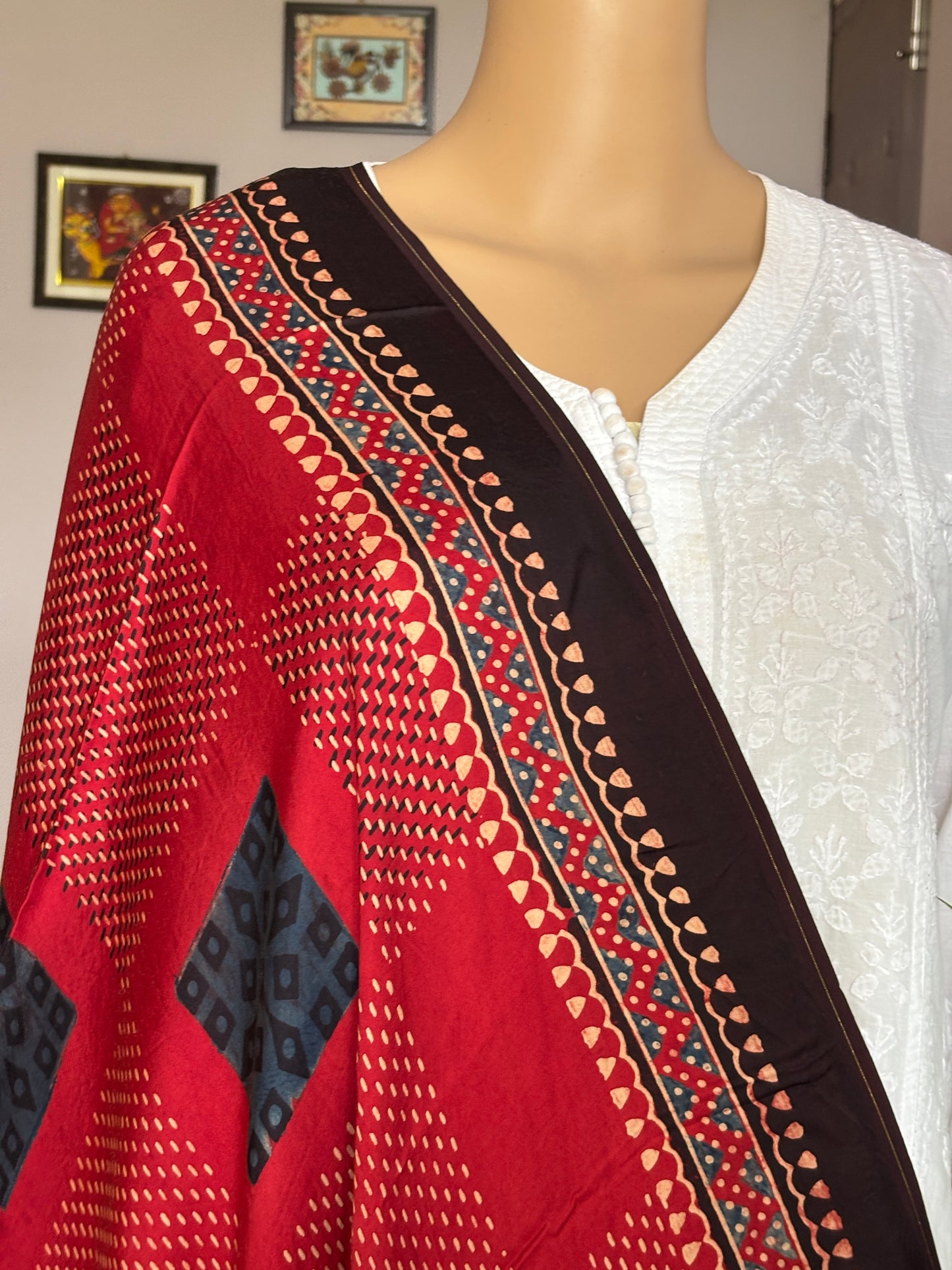 Madder Colour Dupatta With Contemporari Motif,ajrakh modal dupatta,closer view