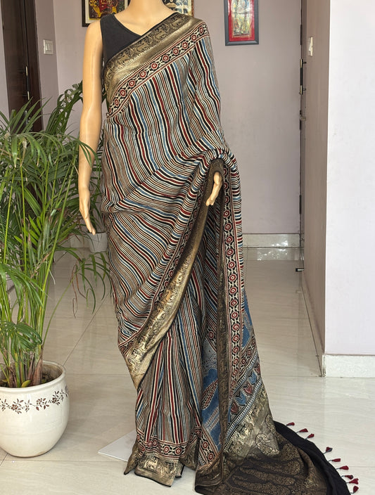 Black, Indigo and Madder Colour Stripe Ajrakh Saree In Dola Silk