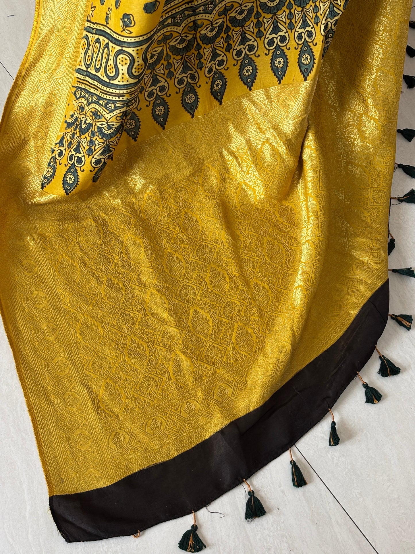 Yellow Ajrakh Hand Block Printed Marigold Motif Dola Silk Saree