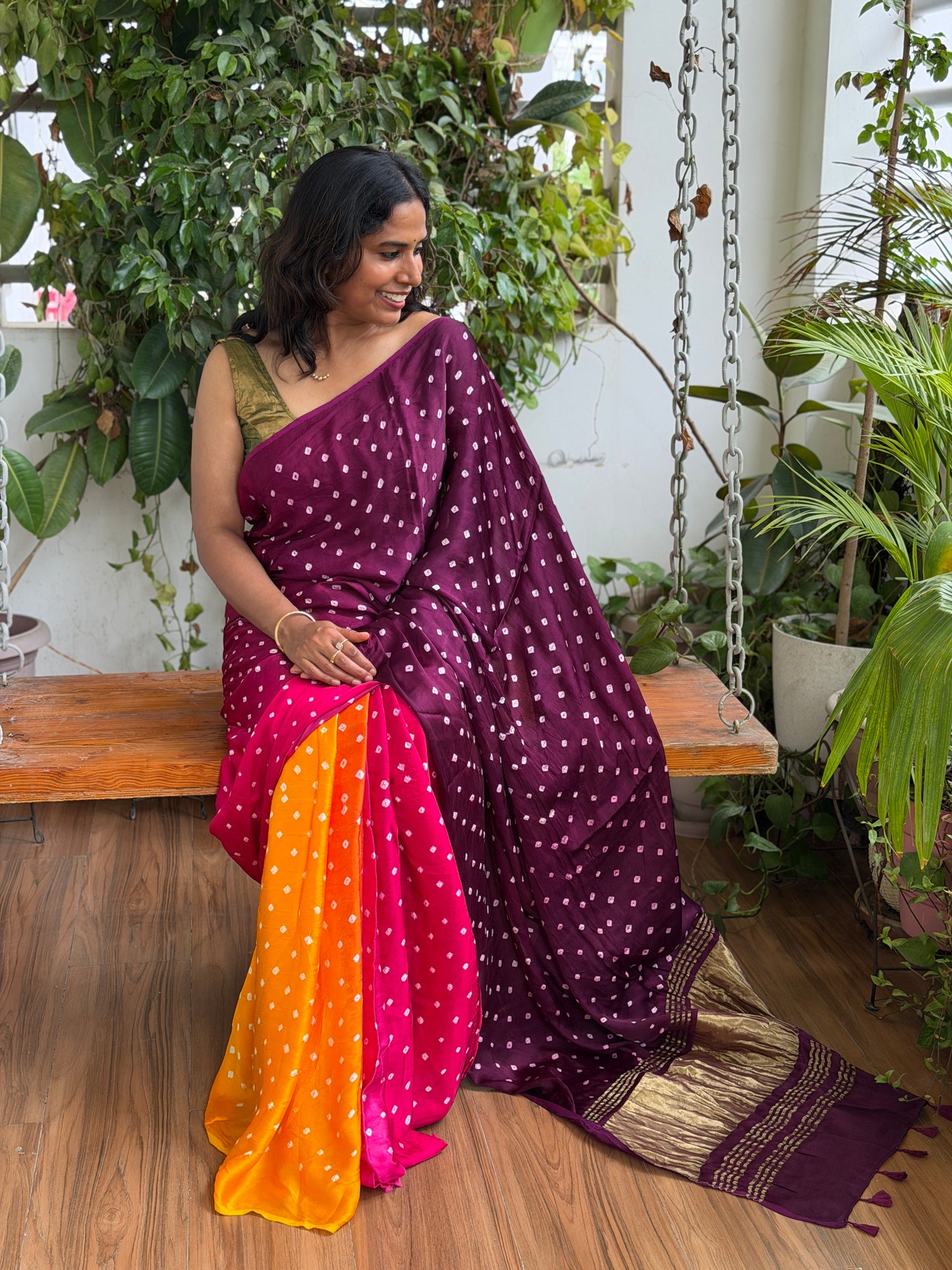 Modal Multi Shaded Bandhej Saree