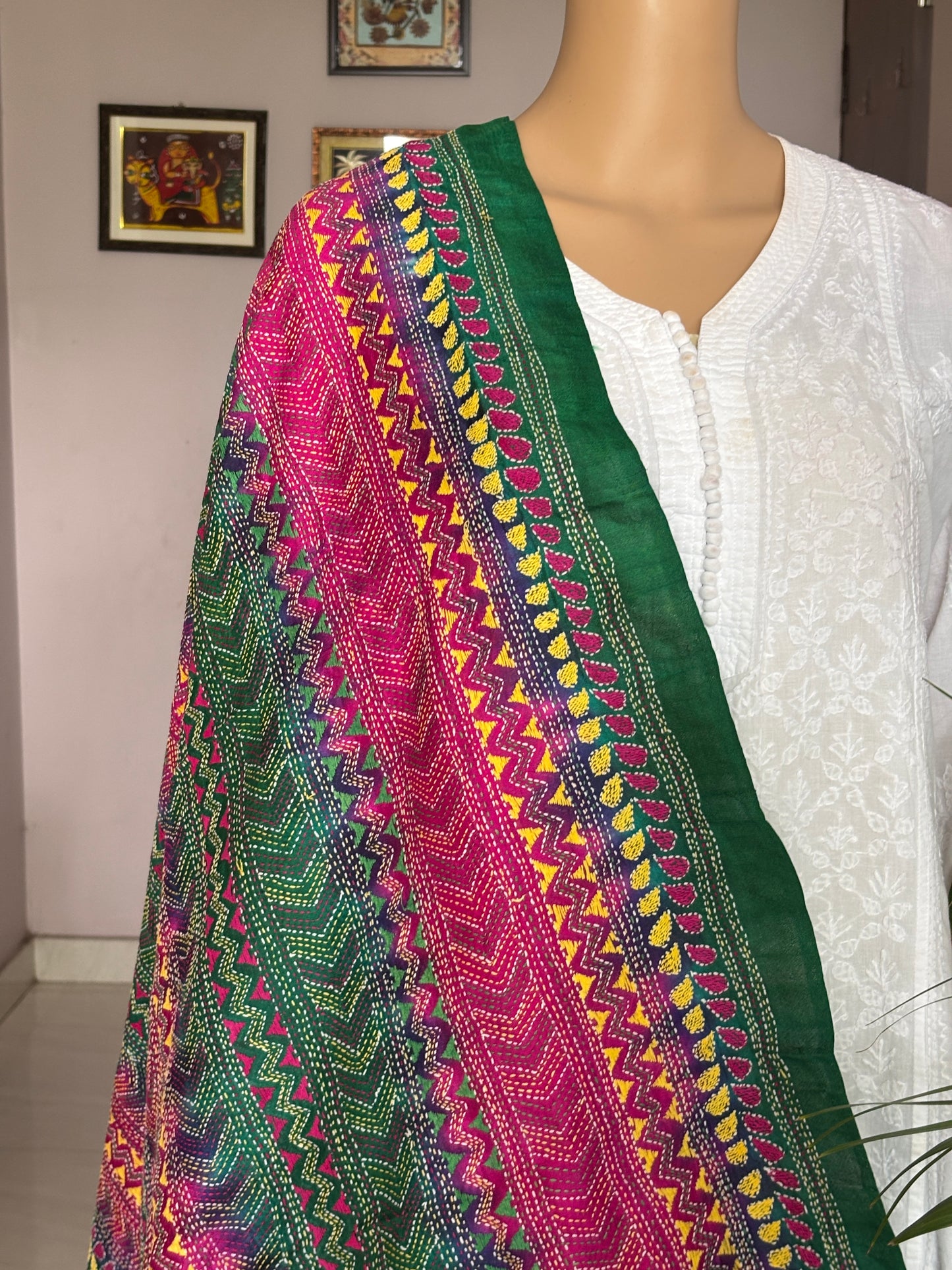 Multi Colour Tie and Dyed Kantha Hand Embroidered Semi Tussar Dupatta