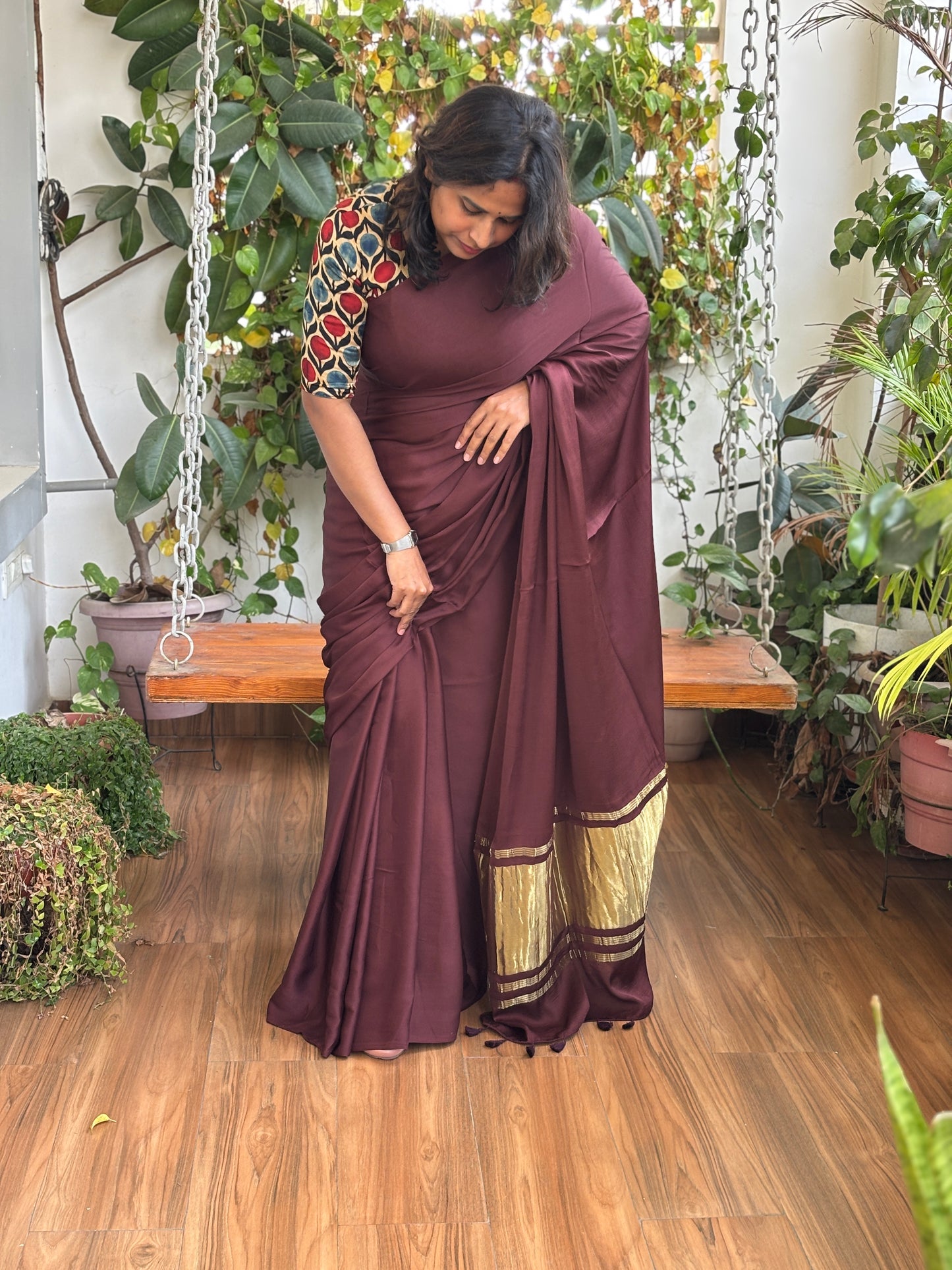 Chocolate Colour Modal Plain Saree With Lagdi Palla