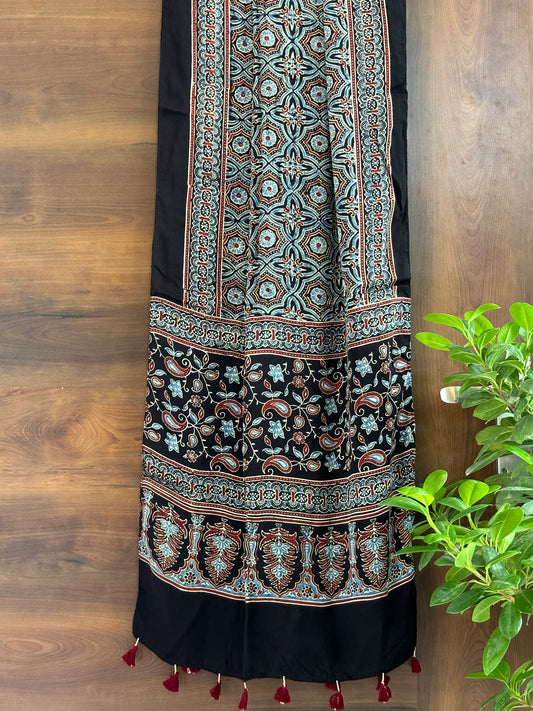 Ajrakh Stole- Black Natural Dyed Geometrical Motif Stole