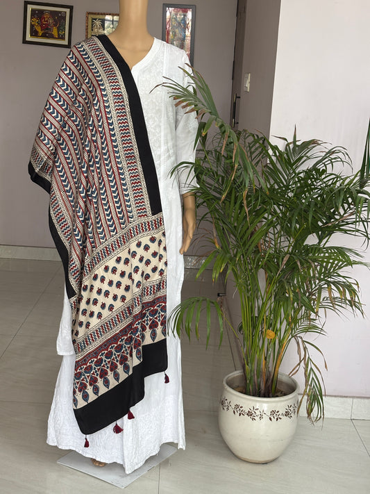 Pale Ivory Colour Natural Dyed Ajrakh Hand Block Printed Contempory Modal Stole