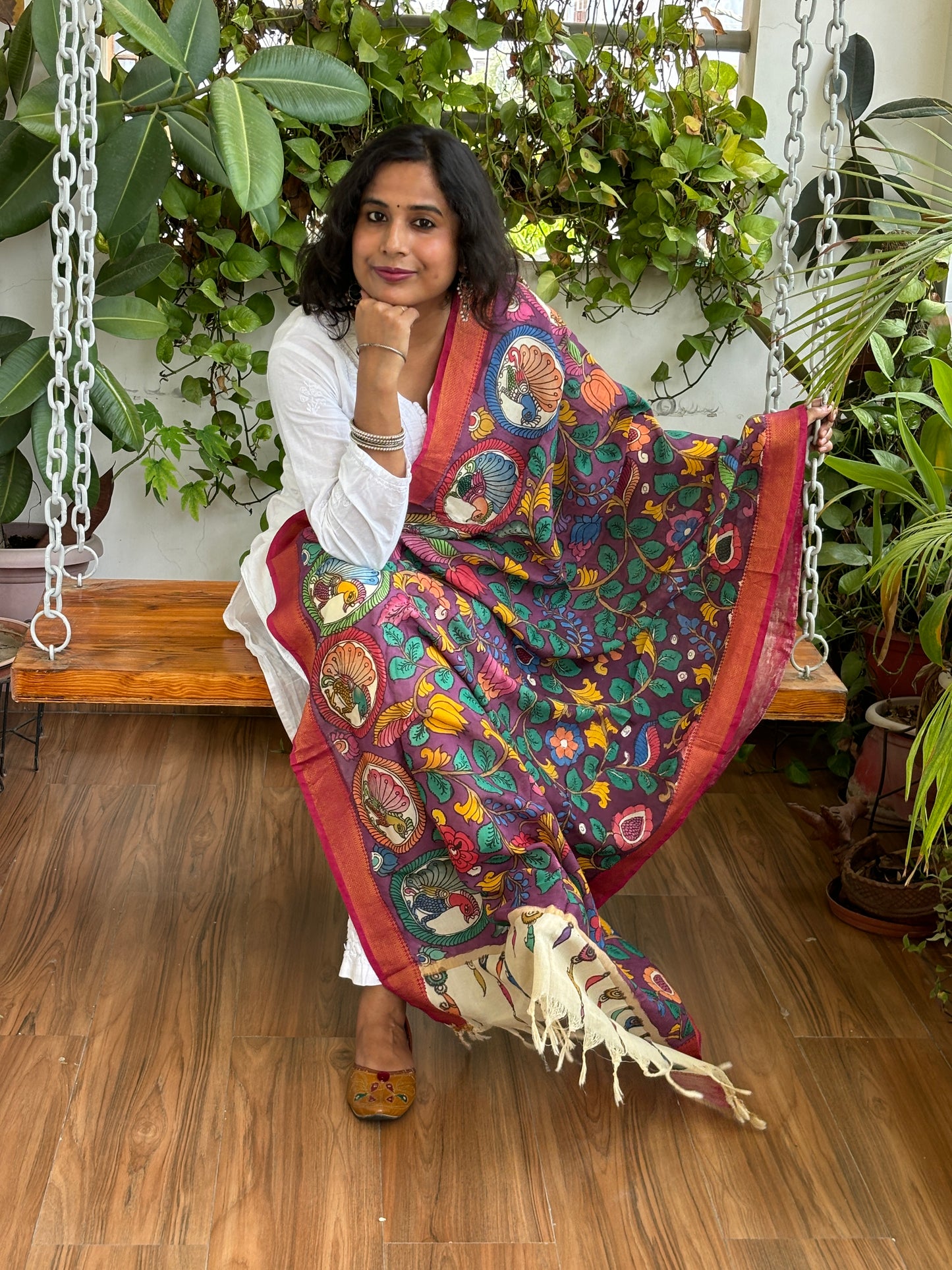 Dupatta- Srikalahasti Pen Kalamkari Hand Painted Silk Cotton Dupatta With Zari Weaved Border