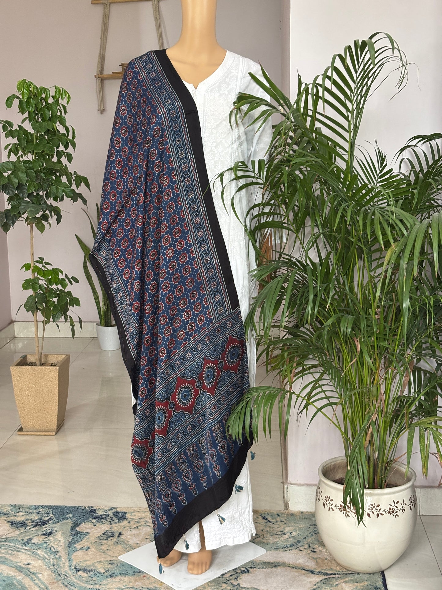 Indigo Jall Natural Dyed Ajrakh Modal Stole With Small Geometrical Pattern