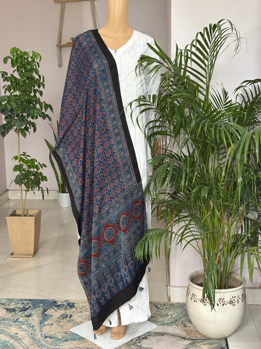 Indigo Jall Natural Dyed Ajrakh Modal Stole With Small Geometrical Pattern