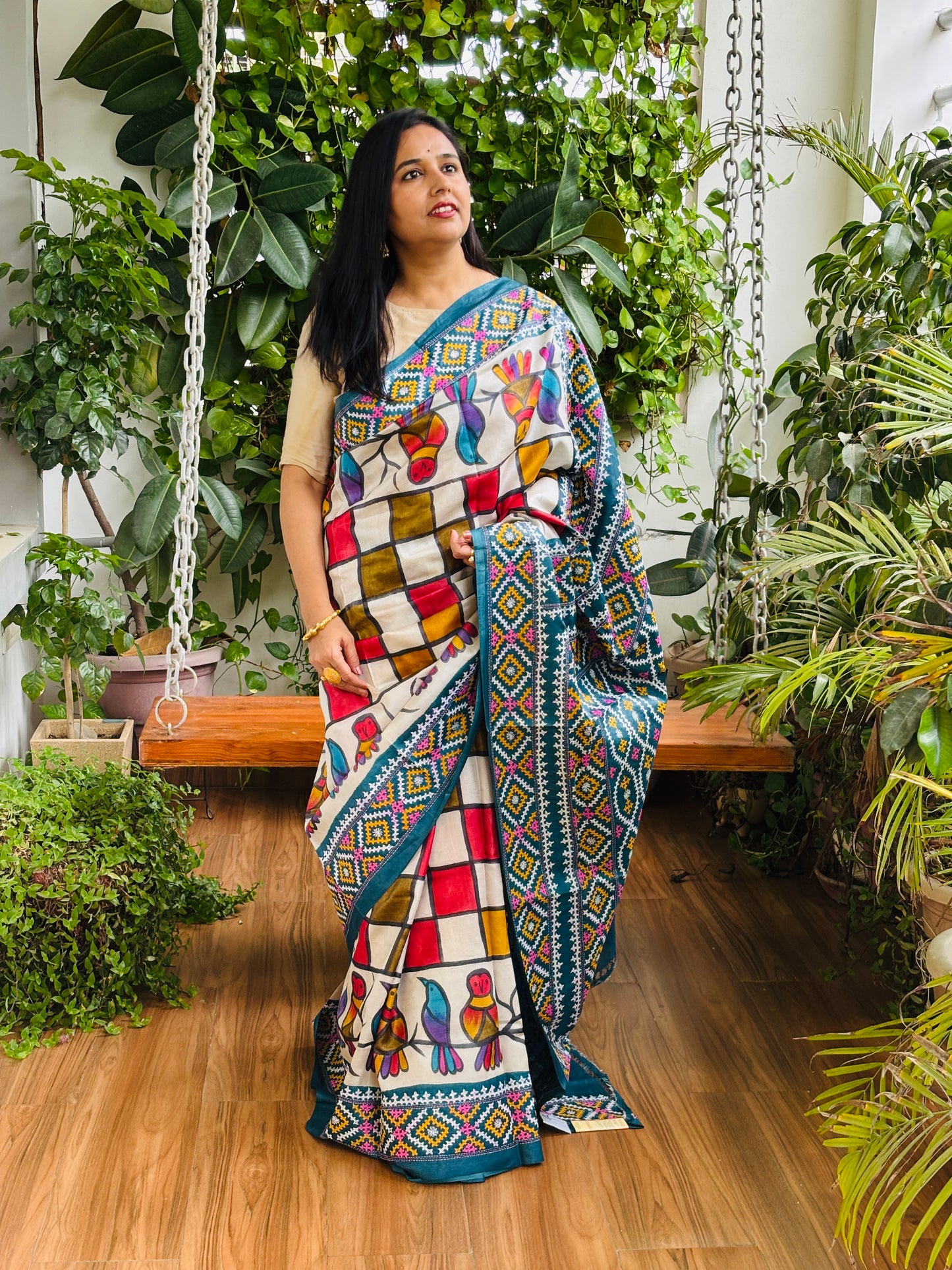 Gujarati Hand Embroidered Pure Tussar Silk Saree With Contemporary Hand Paint
