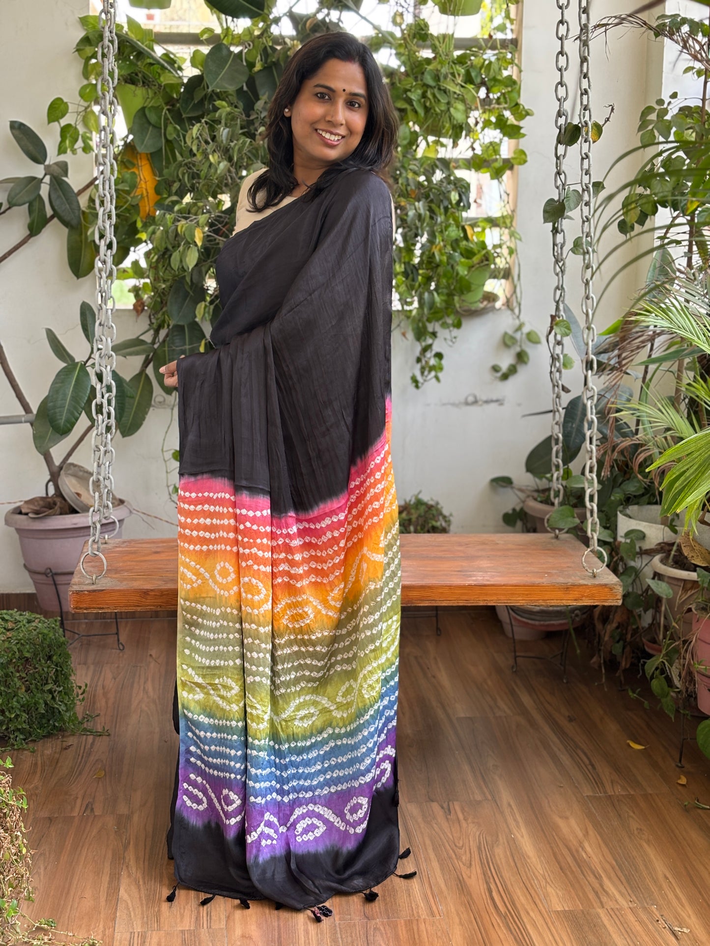 Charcoal Black Solid Colour  Semi Modal Saree with Multi Colour Bandhej Palla