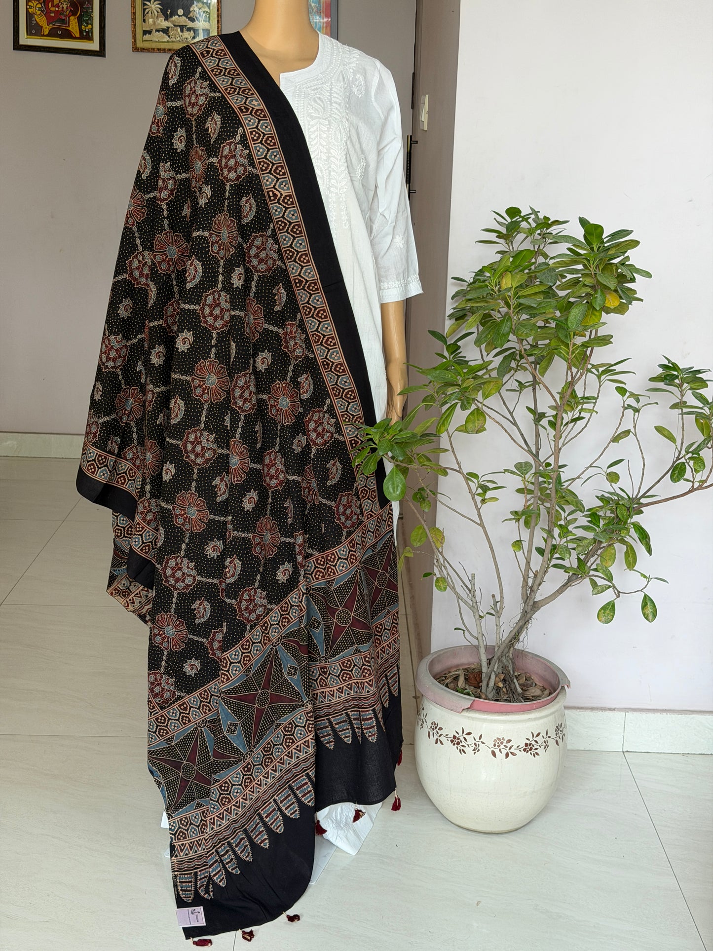 Ajrakh Black Colour Cotton Contemporary Dupatta