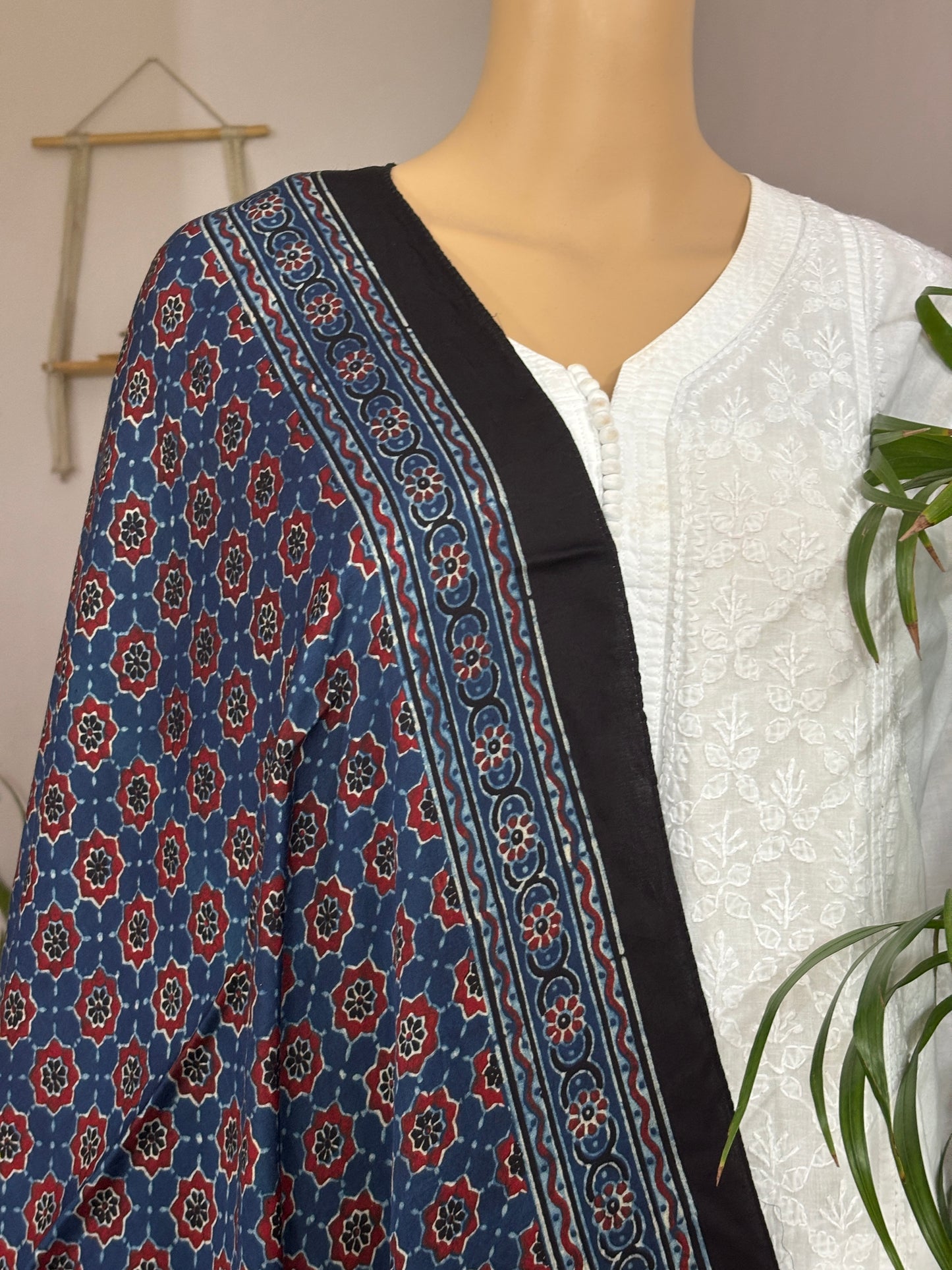 Indigo Jall Natural Dyed Ajrakh Modal Stole With Small Geometrical Pattern