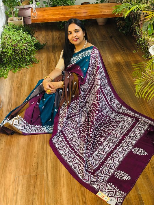 Gujarati Hand Embroidered Pure Bangalore Silk Saree in Multi Colour Tie and Dyed Body and Purple Palla