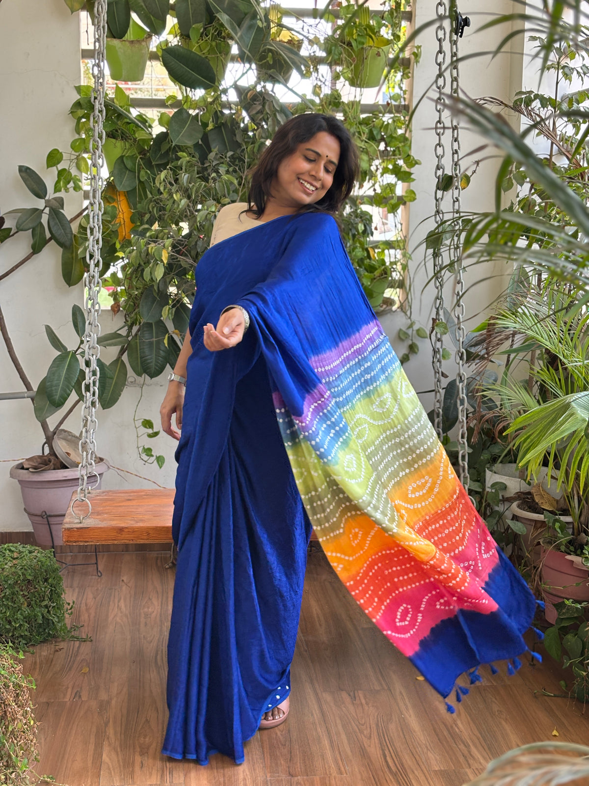 Blue Solid Colour Modal Saree with Multi Colour Bandhej Palla
