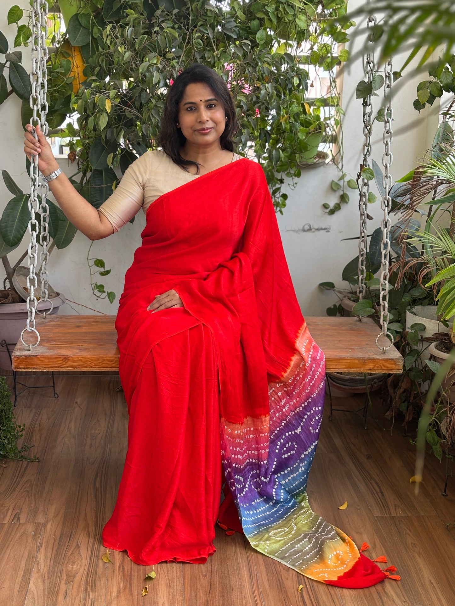 Orange Solid Colour  Semi Modal Saree with Multi Colour Bandhej Palla