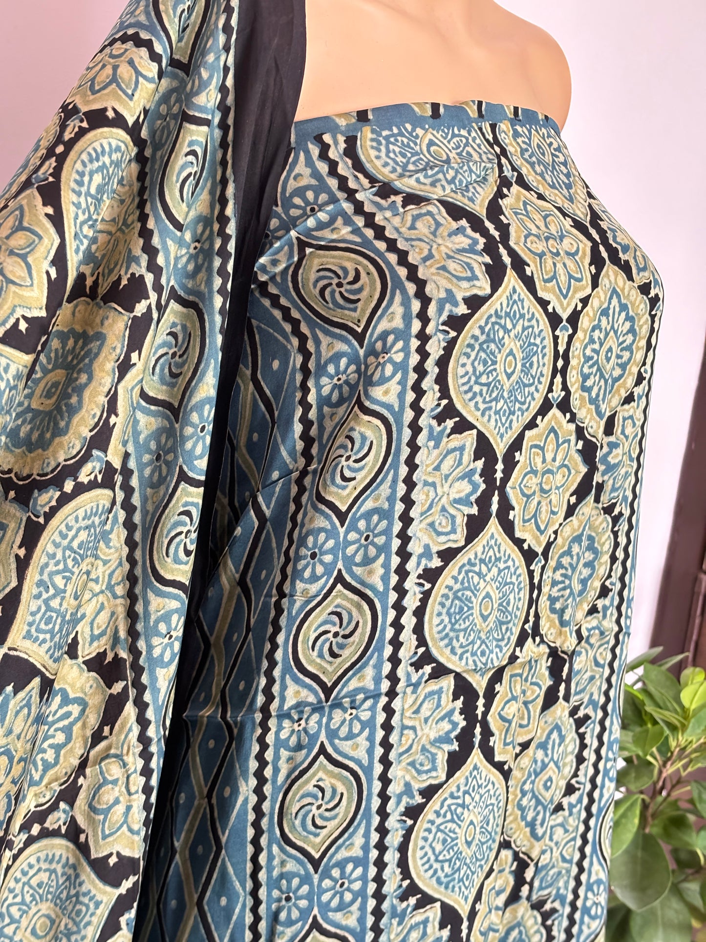 Natural Dyed Indigo and Green Front Panel Pure Modal Shirt and Traditional Motif Dupatta