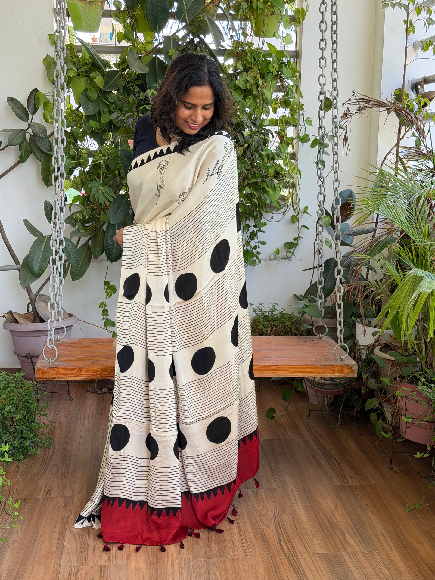 Khatta Meetha  - Pale Ivory Contemporary Ajrakh Modal Saree