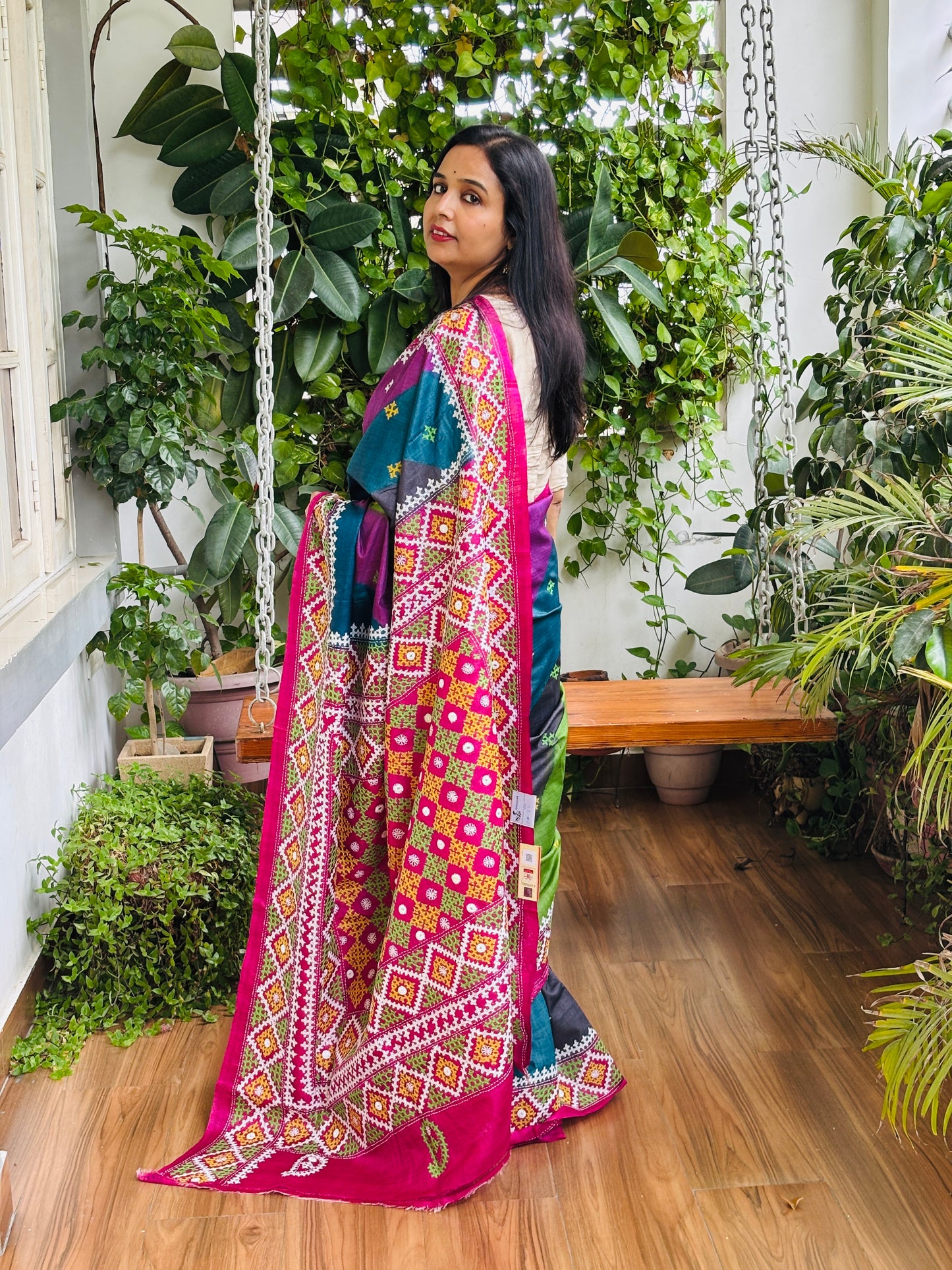 Gujarati Hand Embroidered Pure Tussar Silk Saree in Multi Colour Body and Magenta Palla