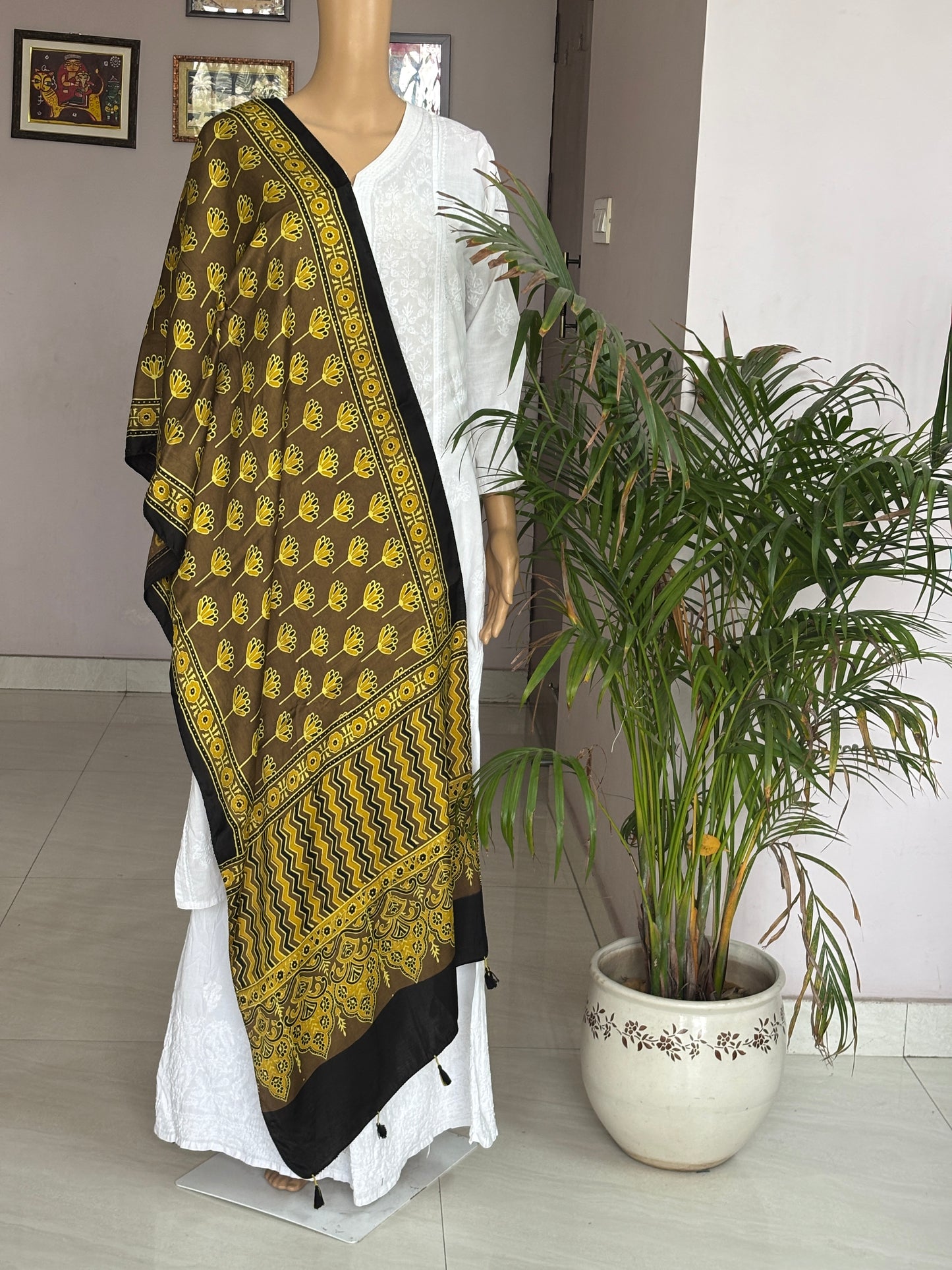 Earthen Yellowish Brown Natural Dyed Ajrakh Hand Block Printed Small Floral Modal Stole