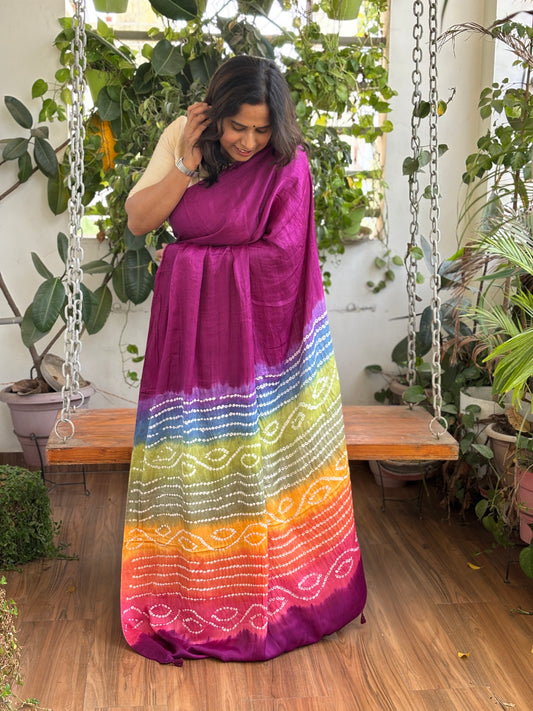 Magenta Solid Colour  Semi Modal Saree with Multi Colour Bandhej Palla