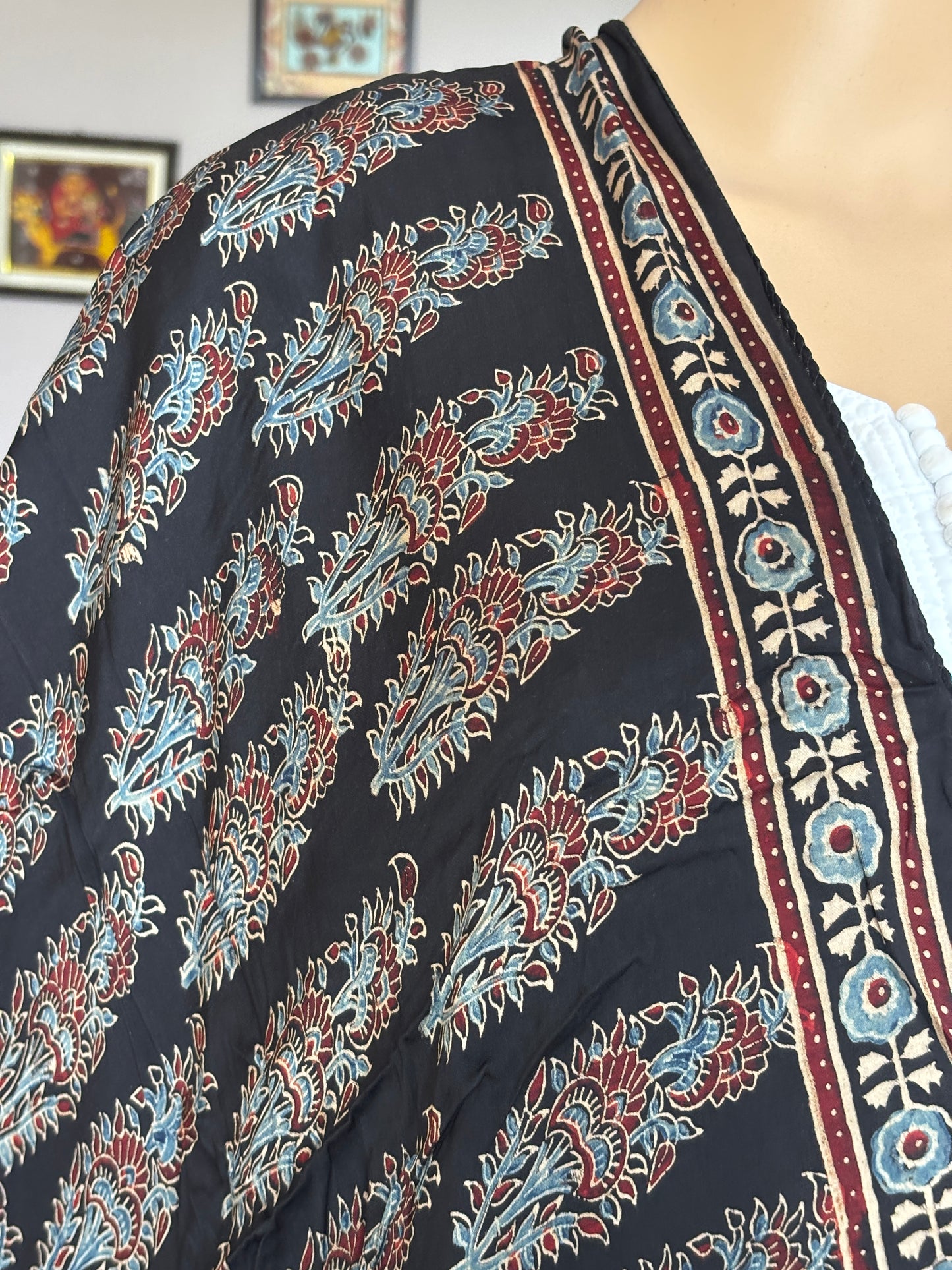 Ajrakh  modal  stole, black  stole, closer view.