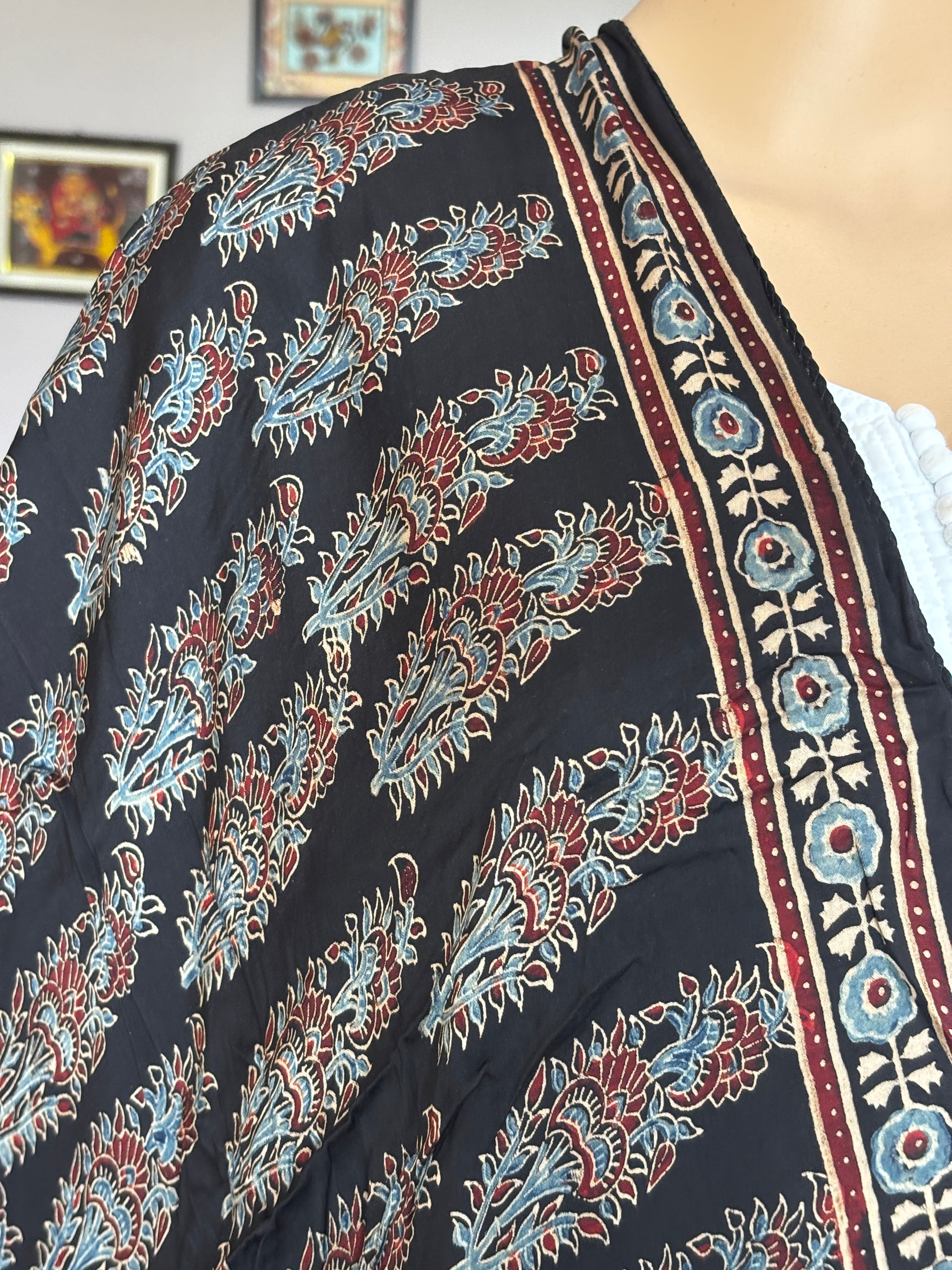 Ajrakh  modal  stole, black  stole, closer view.