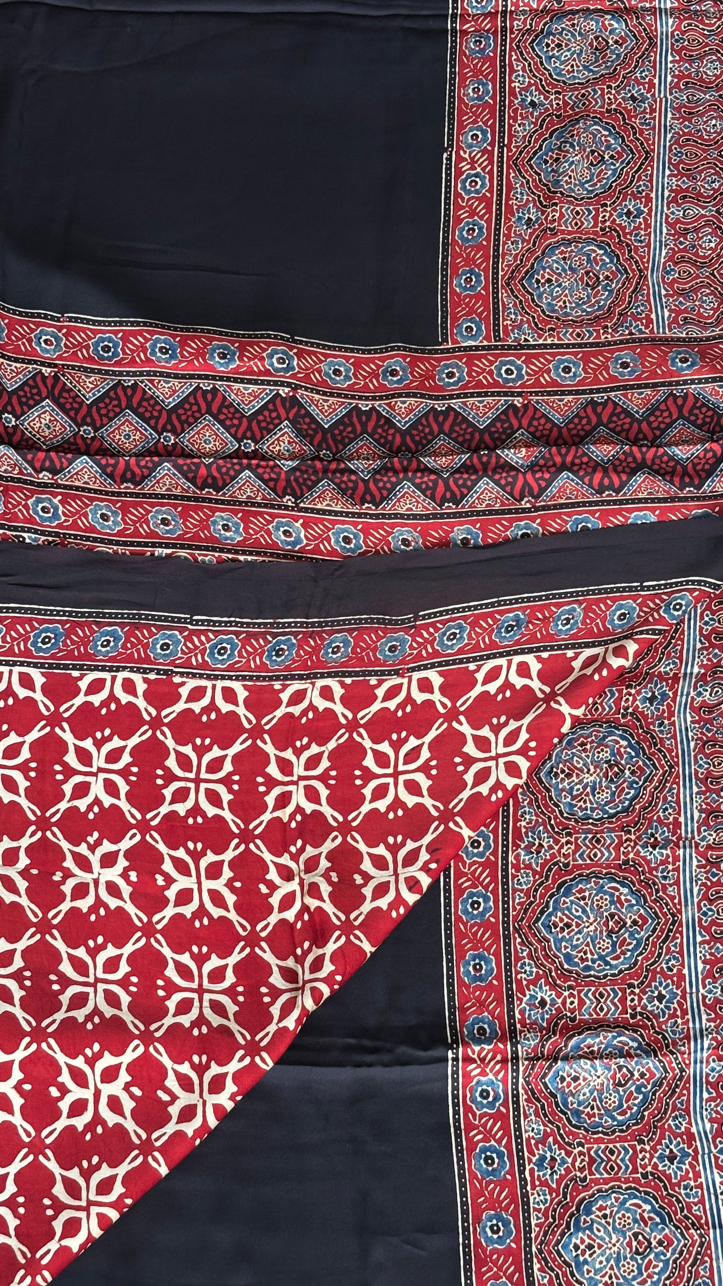 Dhoop - Natural Dyed Black And Madder Colour Ajrakh Modal Saree with Traditional Motifs
