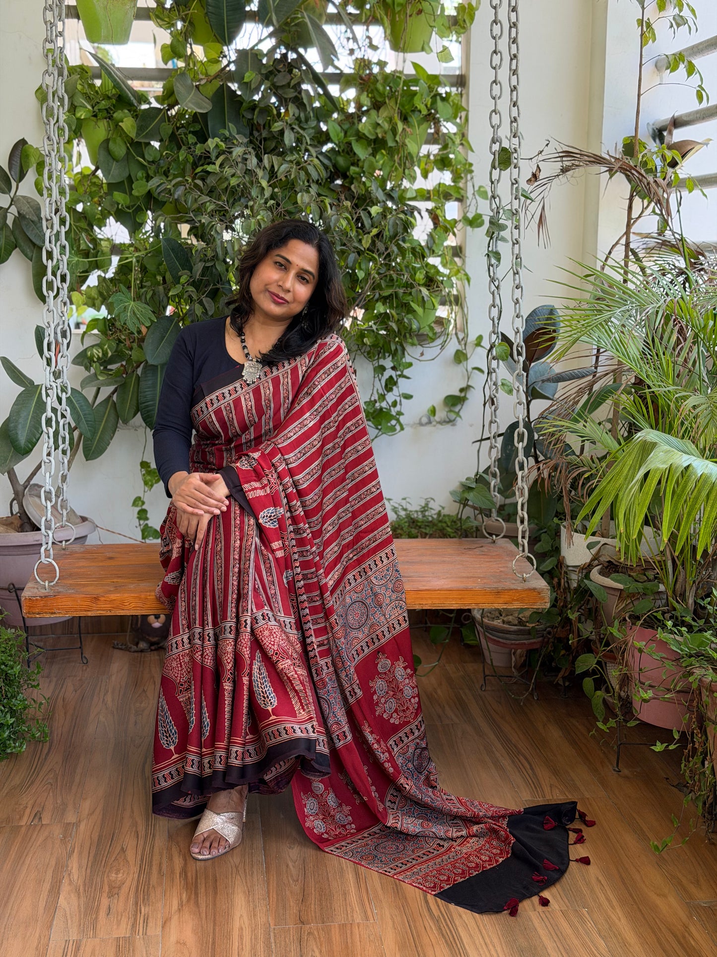 Madder Colour Ajrakh Modal Saree