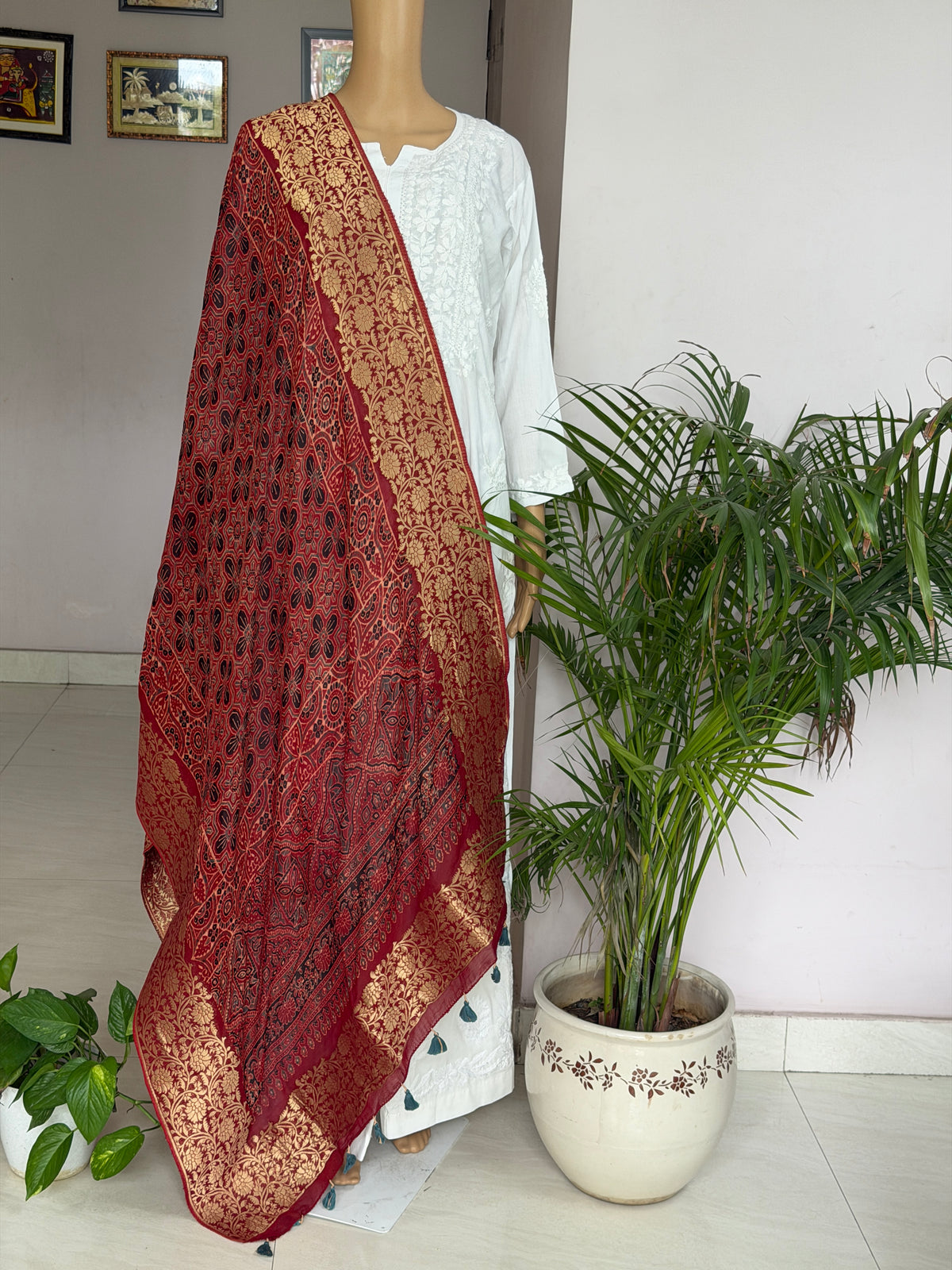 Ajrakh Dola Silk Dupatta With Zari Weaved Border