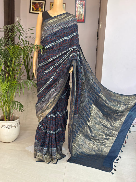 Indigo madder Ajrakh Saree In Dola Silk