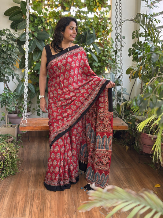 Red Ajrakh Modal Saree, Ajrakh modal saree, Side View