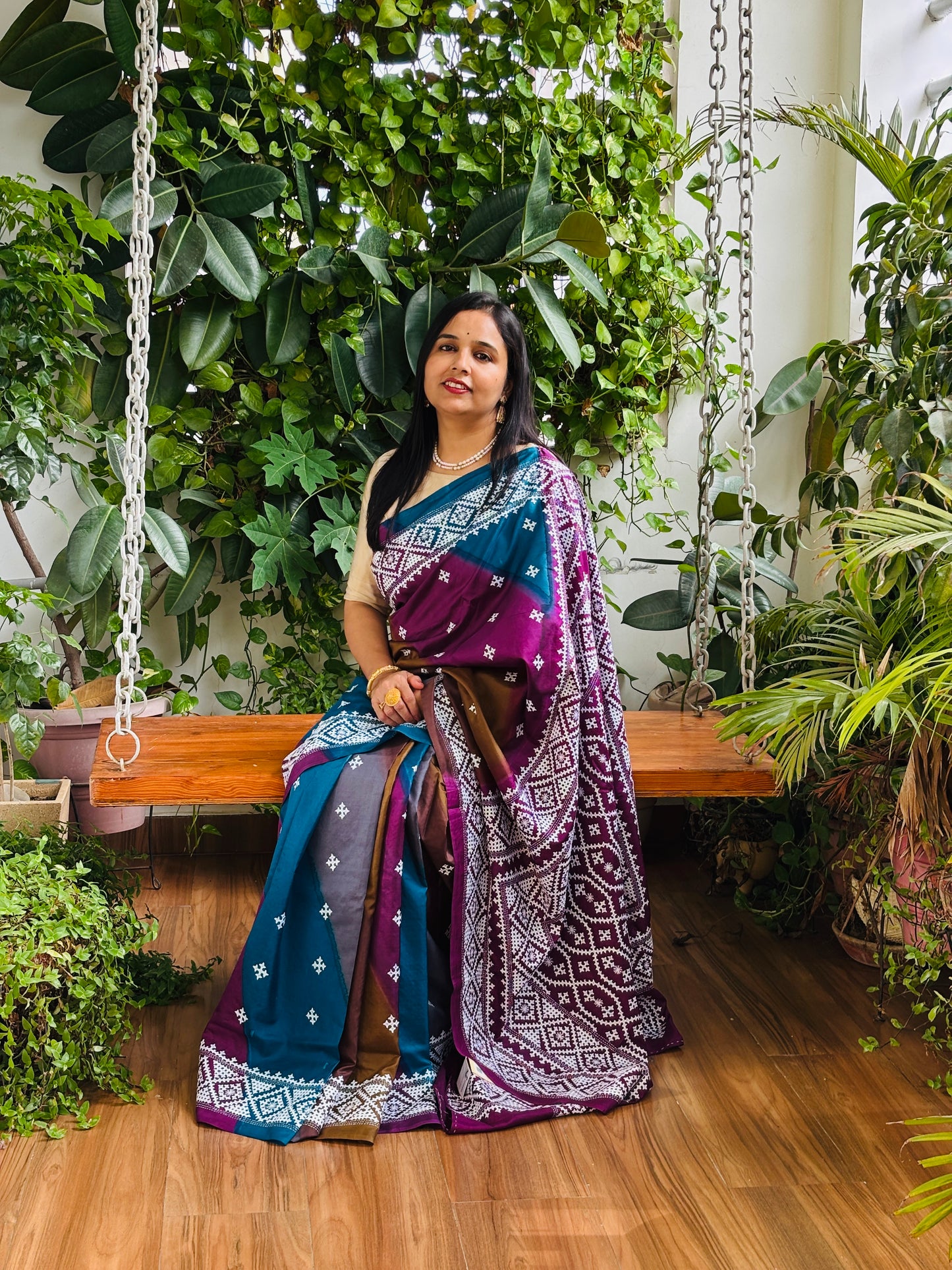 Gujarati Hand Embroidered Pure Bangalore Silk Saree in Multi Colour Tie and Dyed Body and Purple Palla