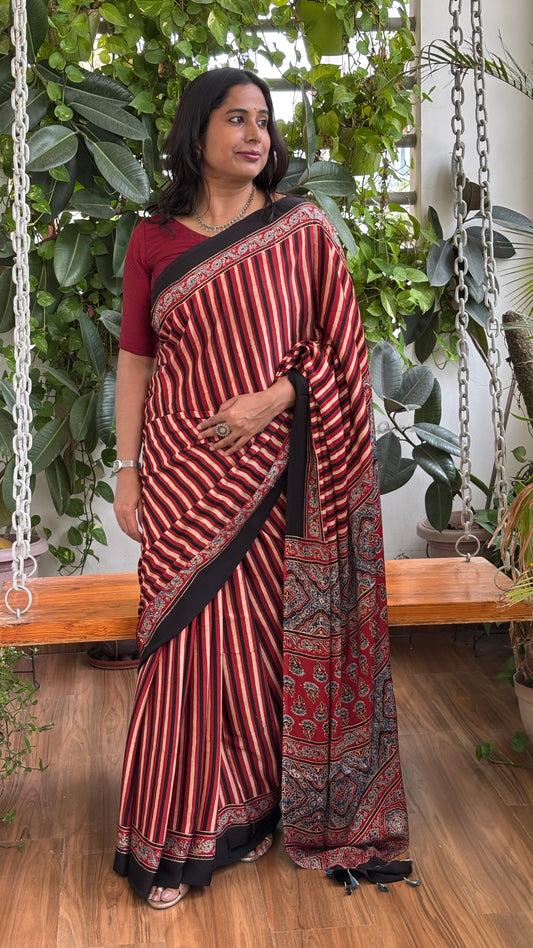 Bright and Beautiful- Natural Dyed Madder Contemporary Ajrakh Modal Saree with Traditional Anchal
