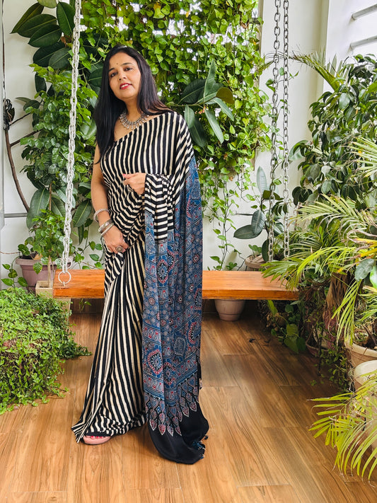 Chakori - Natural Dyed Black and Pale Ivory Stripe Ajrakh Pure Modal Saree With Traditional Motif Palla