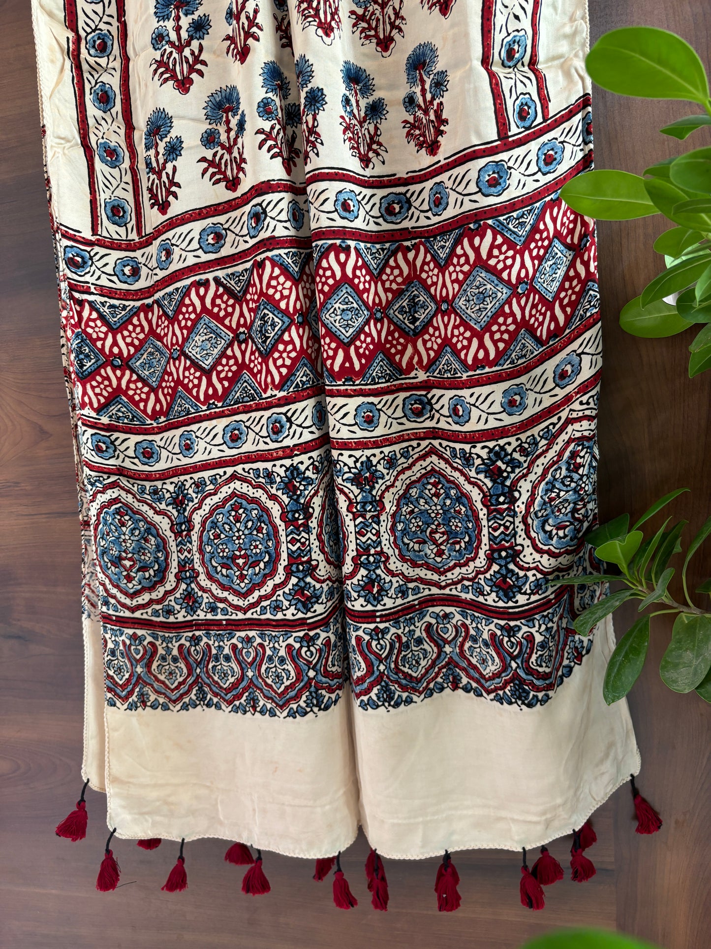 Ajrakh Stole- Pale Ivory Colour With Marigold Motif