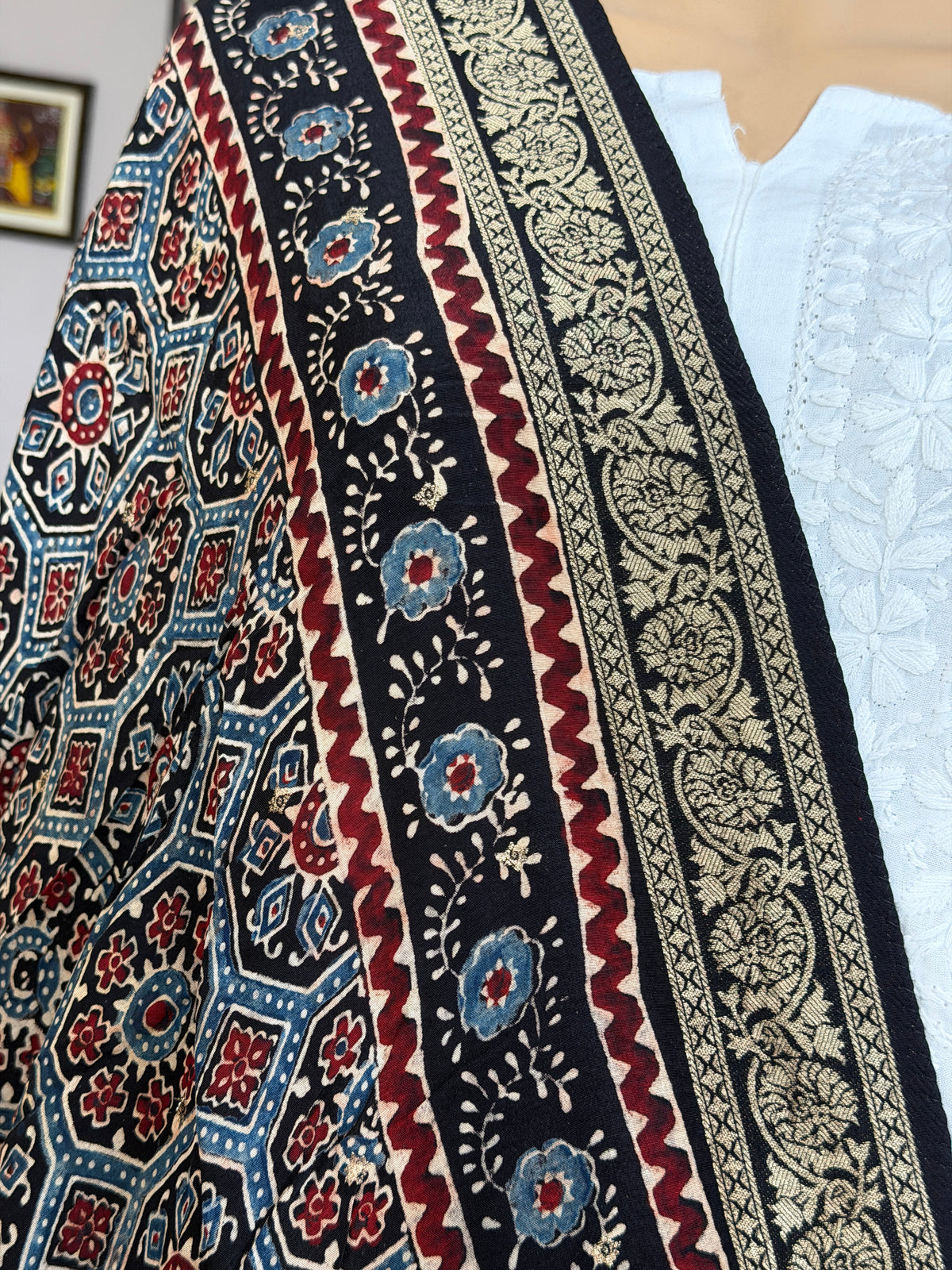 Ajrakh Dola Silk Dupatta With Zari Weaved Border