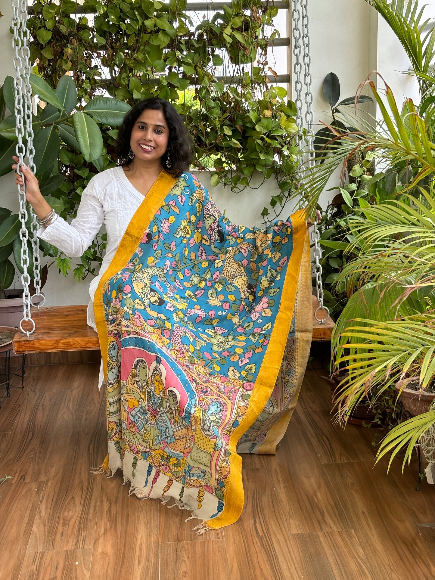 Blue- Srikalahasti Pen Kalamkari Hand Painted Silk Cotton Dupatta With Zari Weaved Border