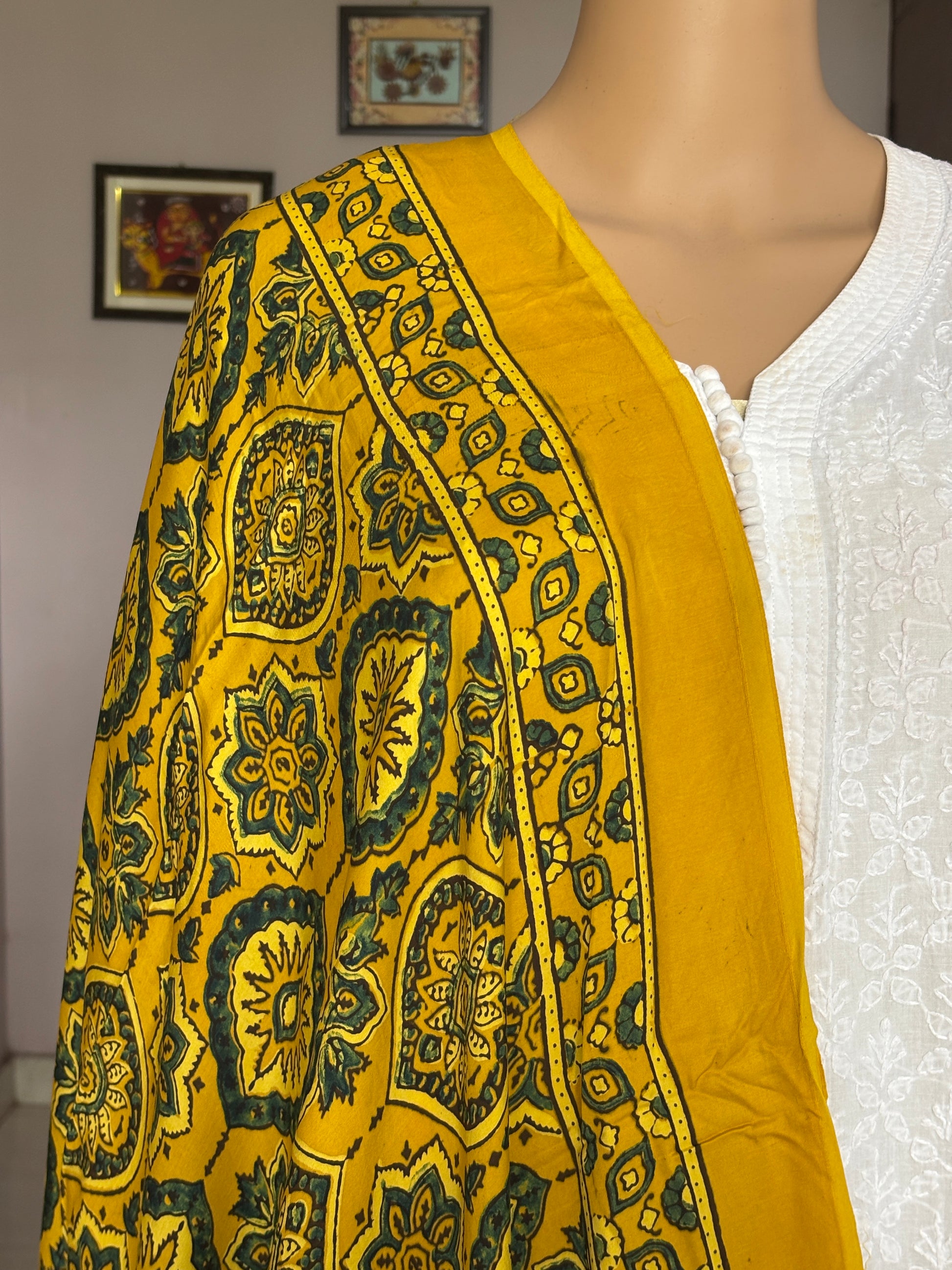 Yellow Dupatta With Badambuta Motif,ajrakh modal dupatta, closer view.