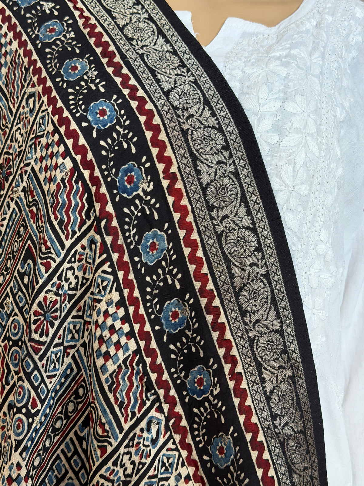 Ajrakh Dola Silk Dupatta With Zari Weaved Border