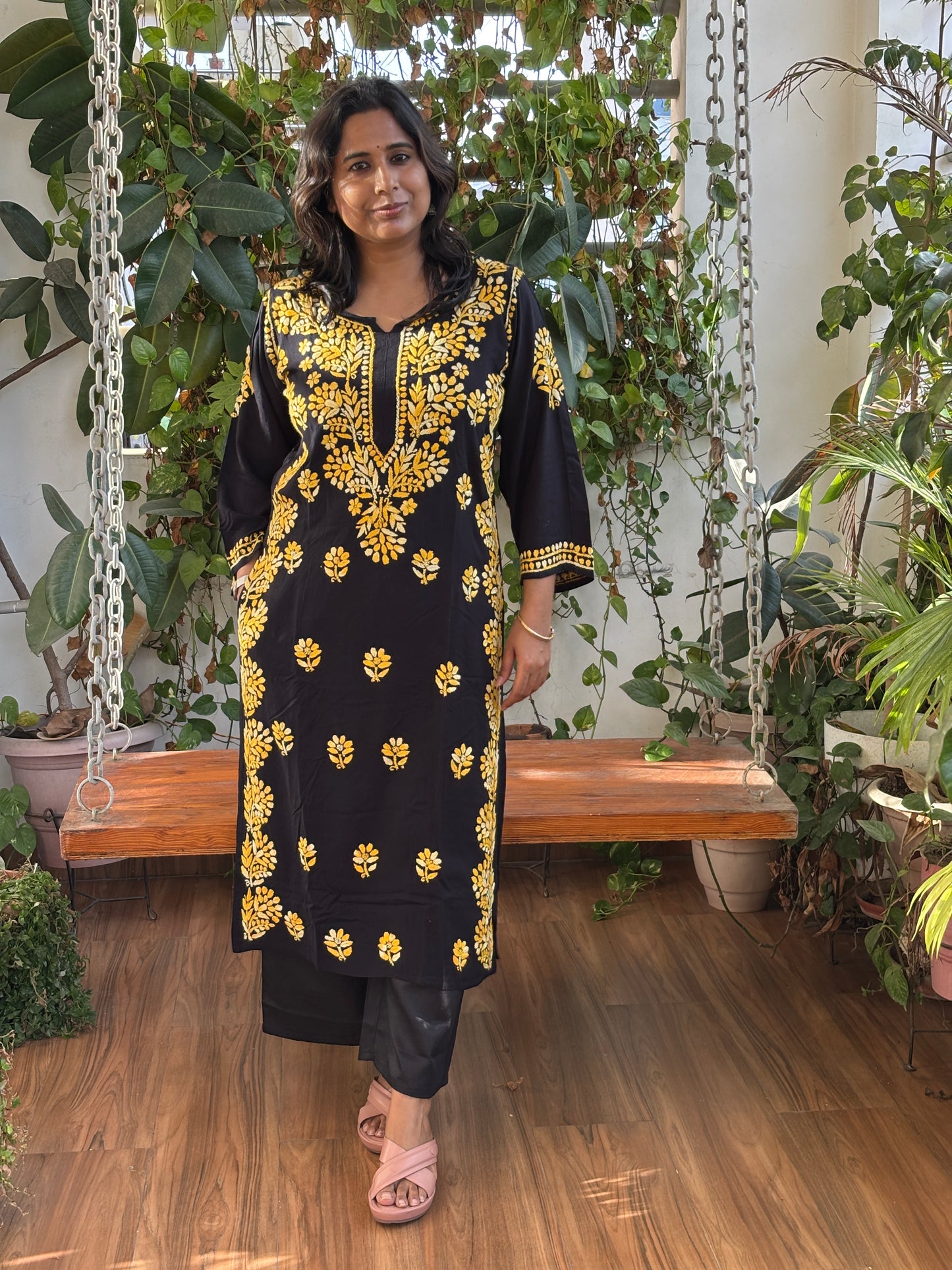 Black and Yellow Chikan Hand Embroidered Rayon Cotton Kurti